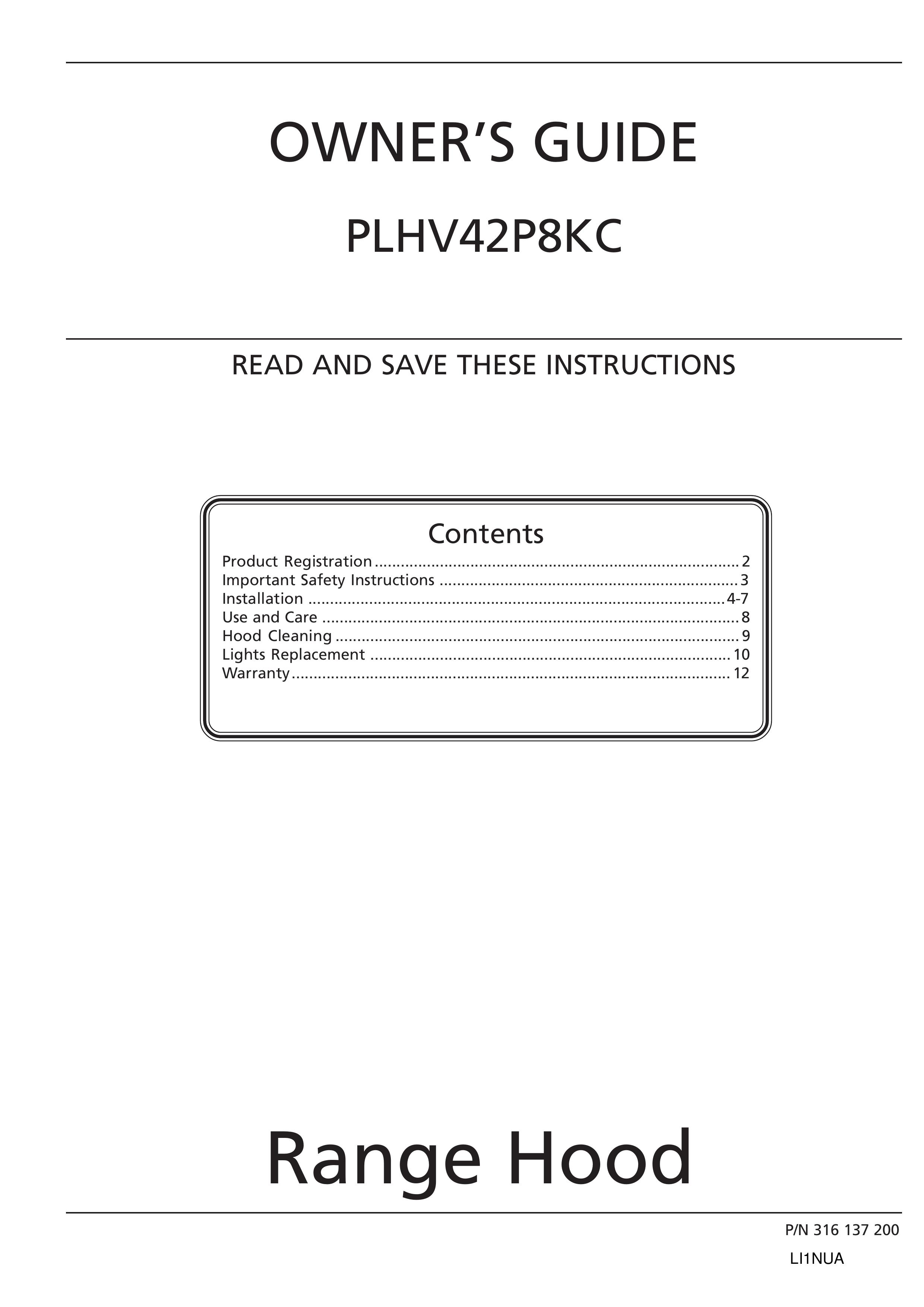 Frigidaire PLHV42P8KC Ventilation Hood User Manual
