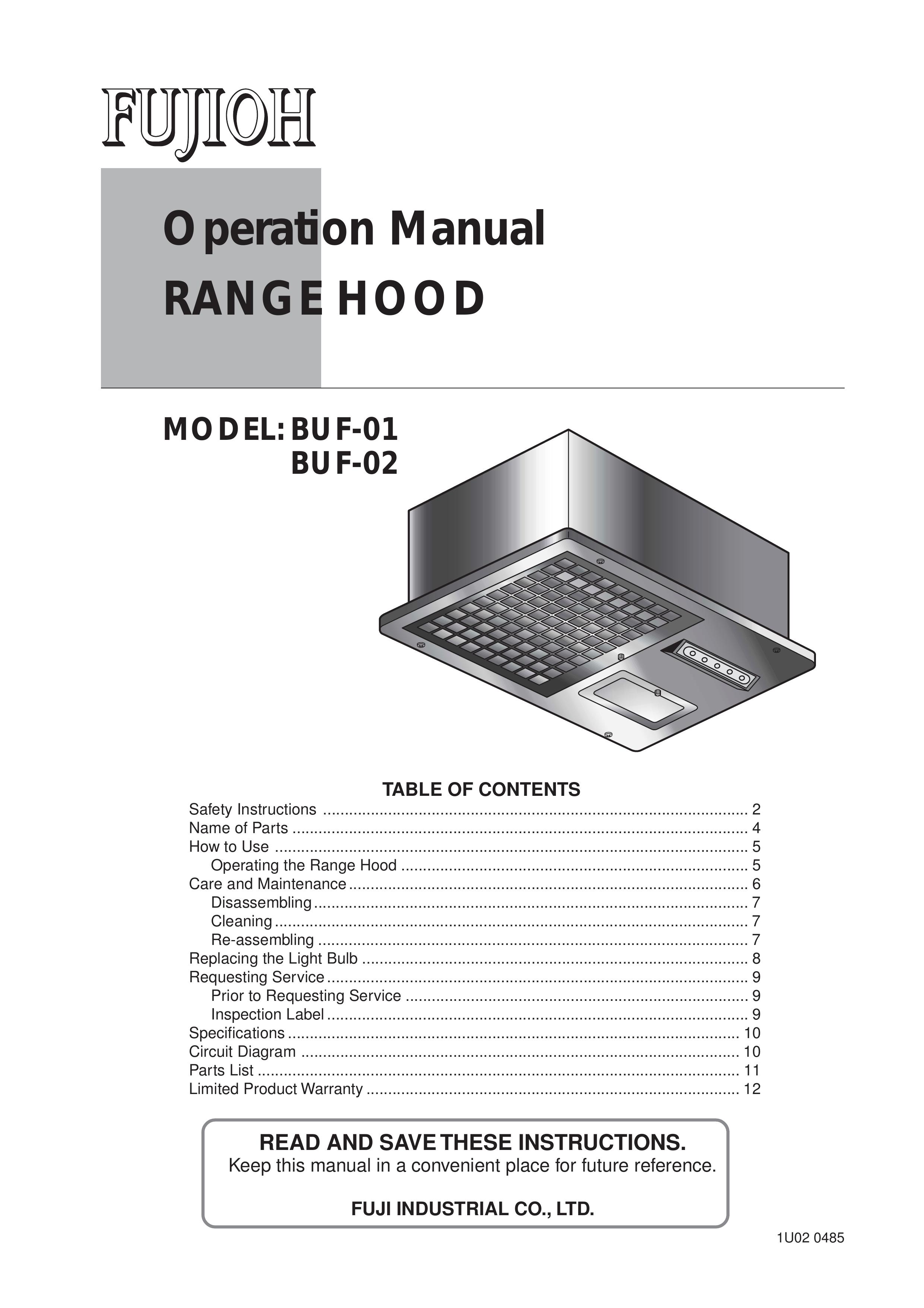 Fujioh BUF-0 Ventilation Hood User Manual