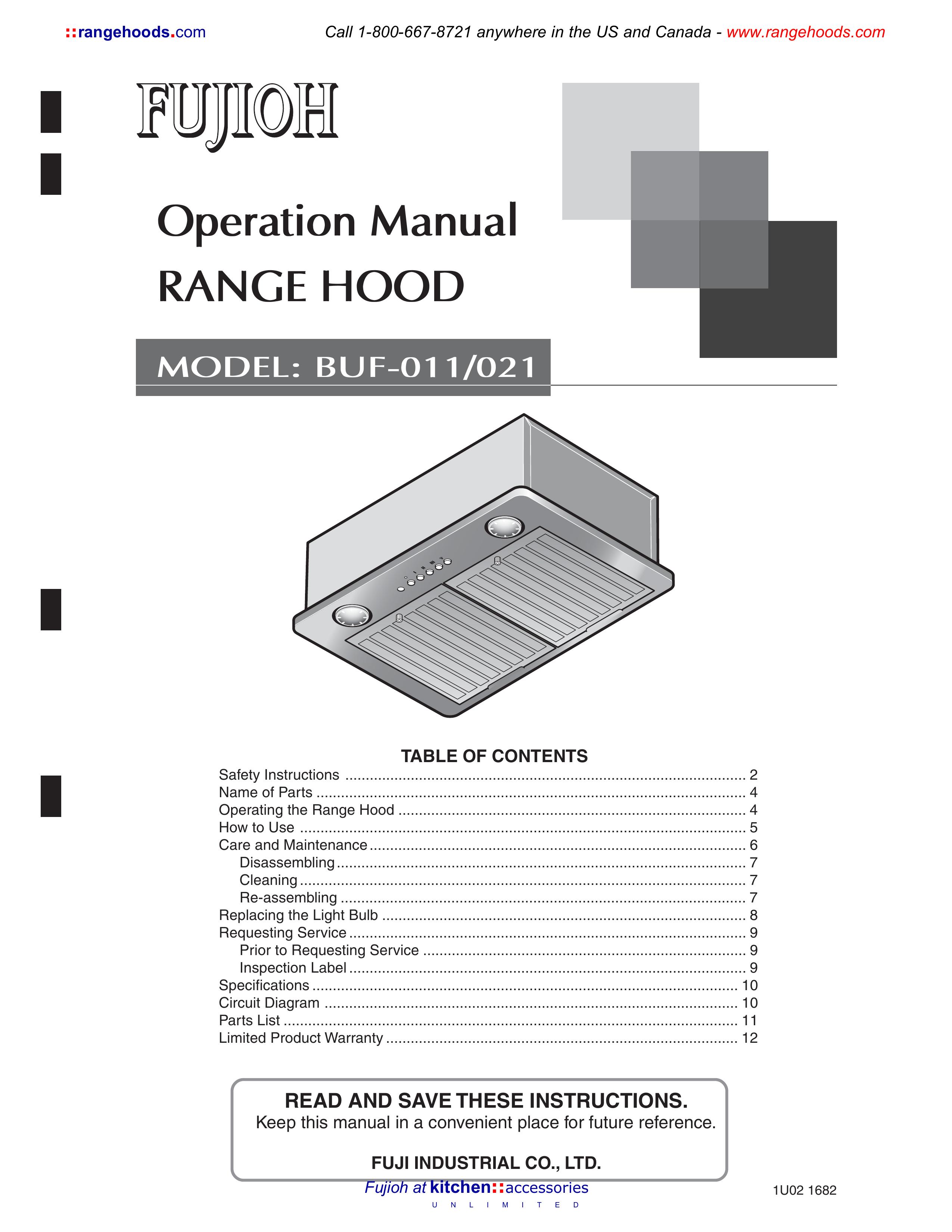 Fujioh BUF-011 Ventilation Hood User Manual