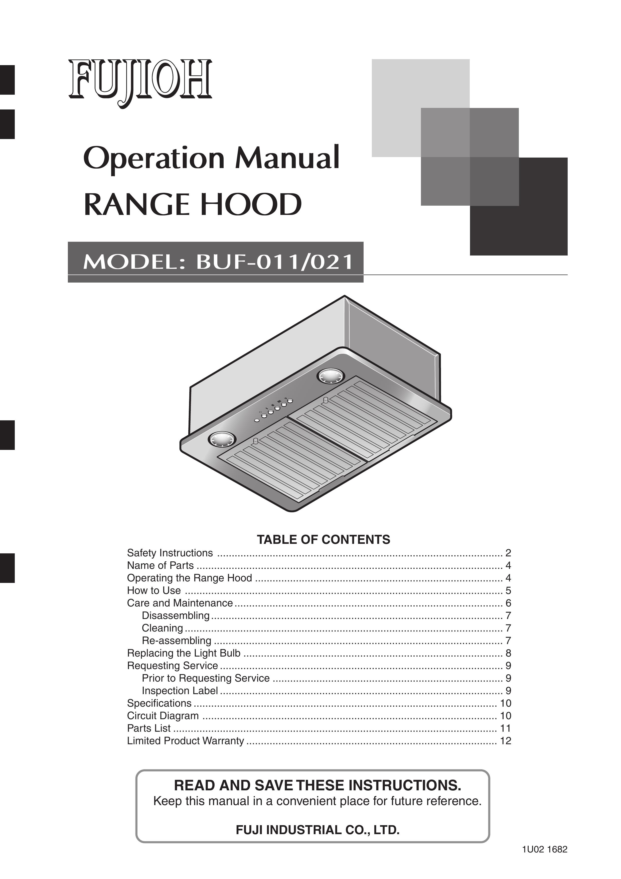 Fujioh BUF-011/021 Ventilation Hood User Manual