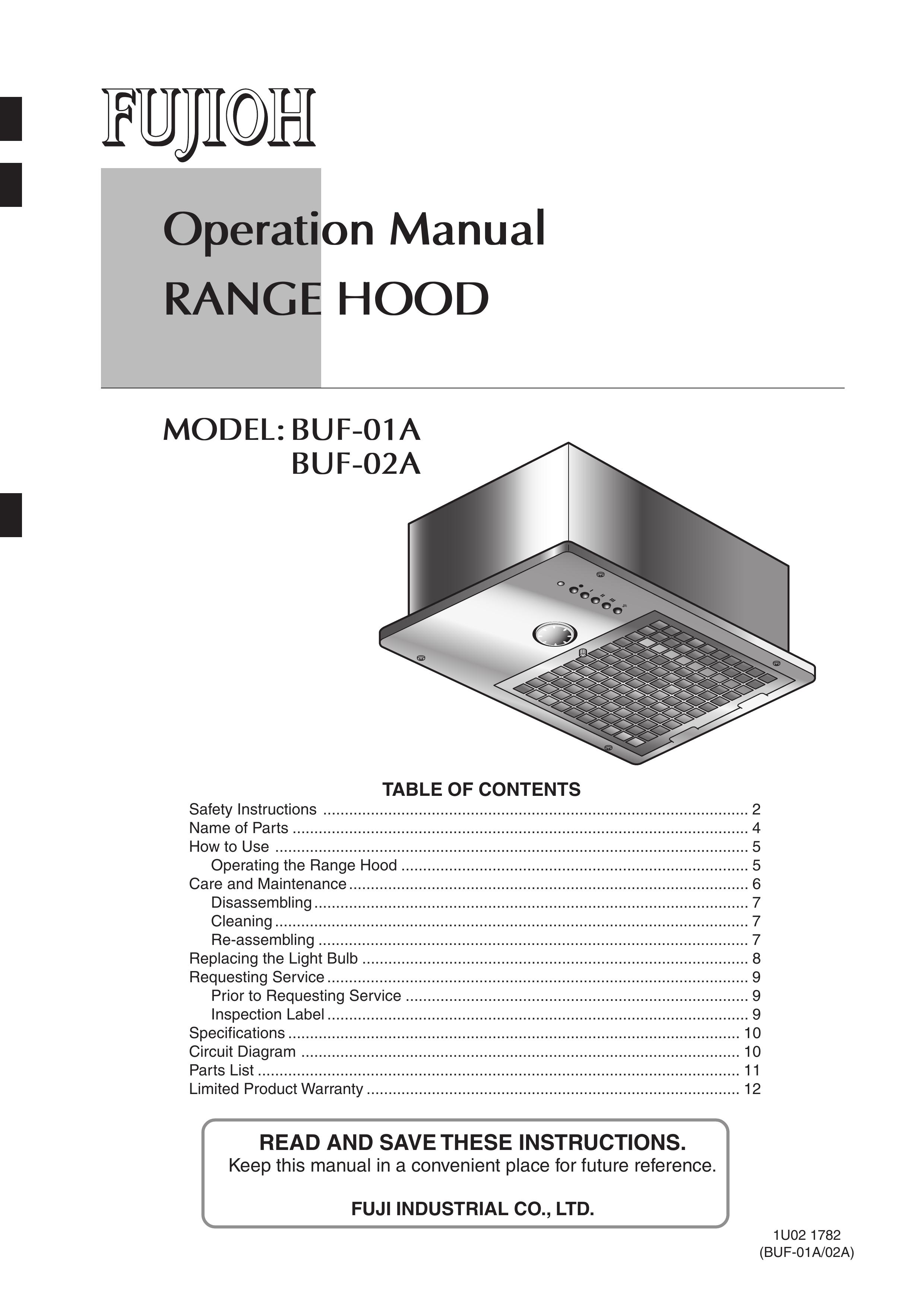 Fujioh BUF-02A Ventilation Hood User Manual