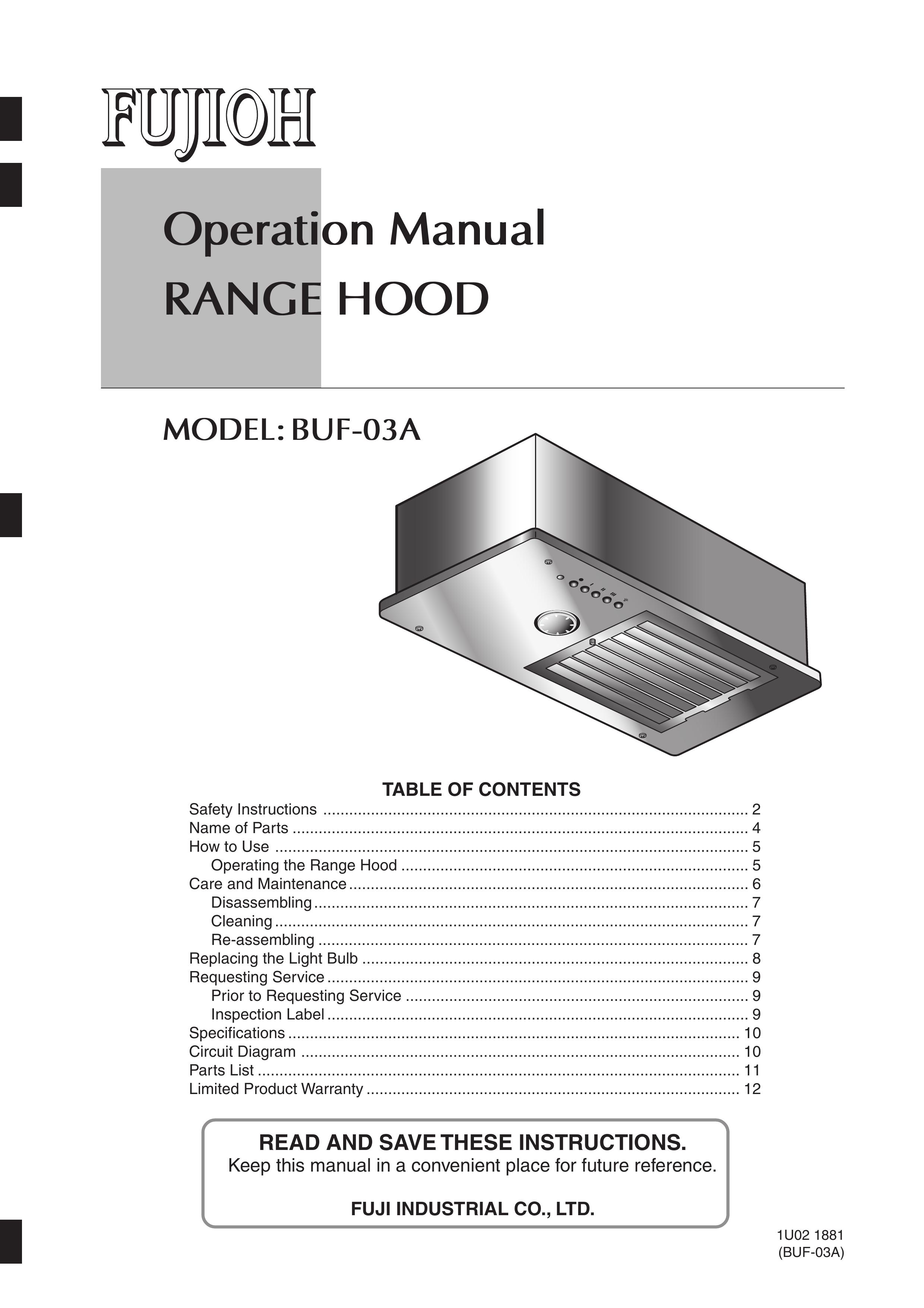 Fujioh BUF-03A Ventilation Hood User Manual