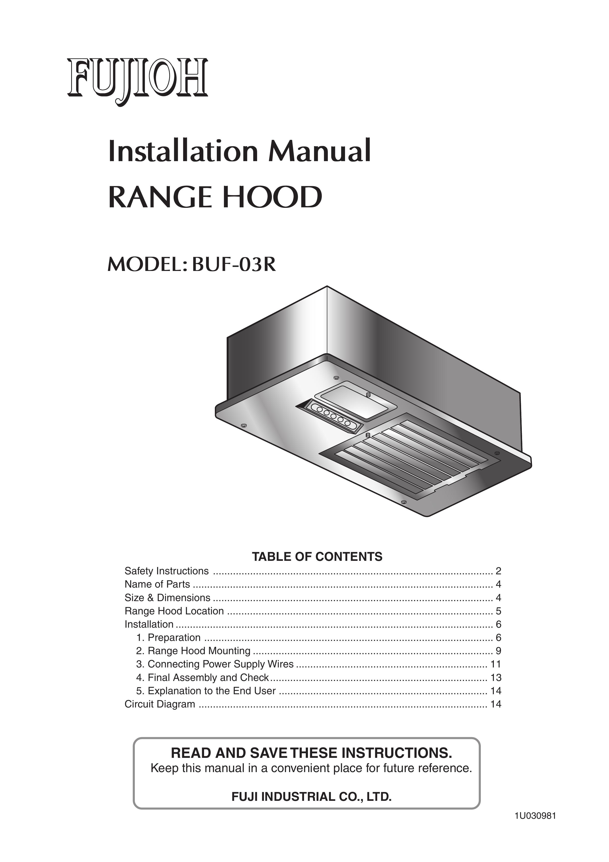 Fujioh BUF-03R Ventilation Hood User Manual