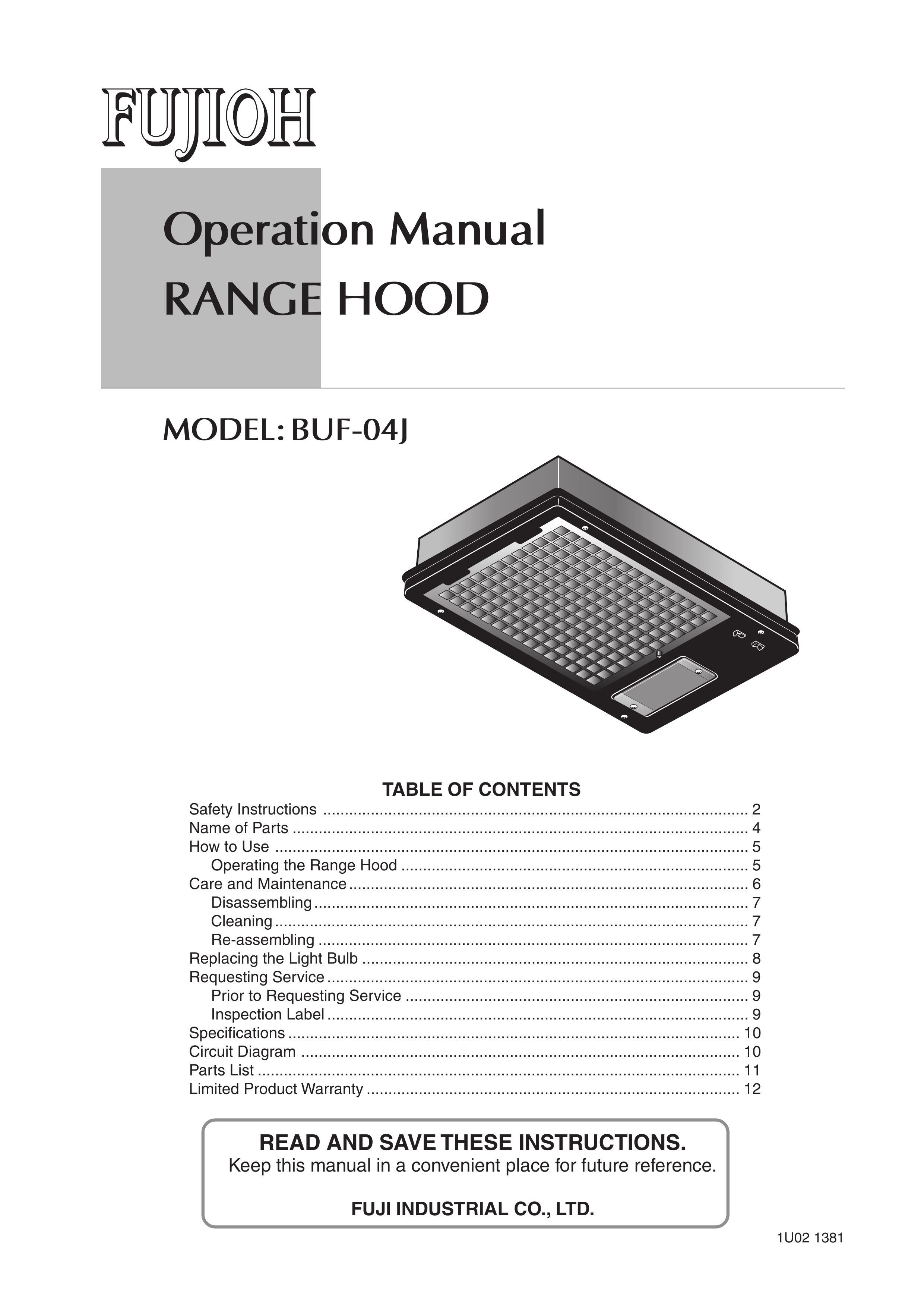 Fujioh BUF-04J Ventilation Hood User Manual