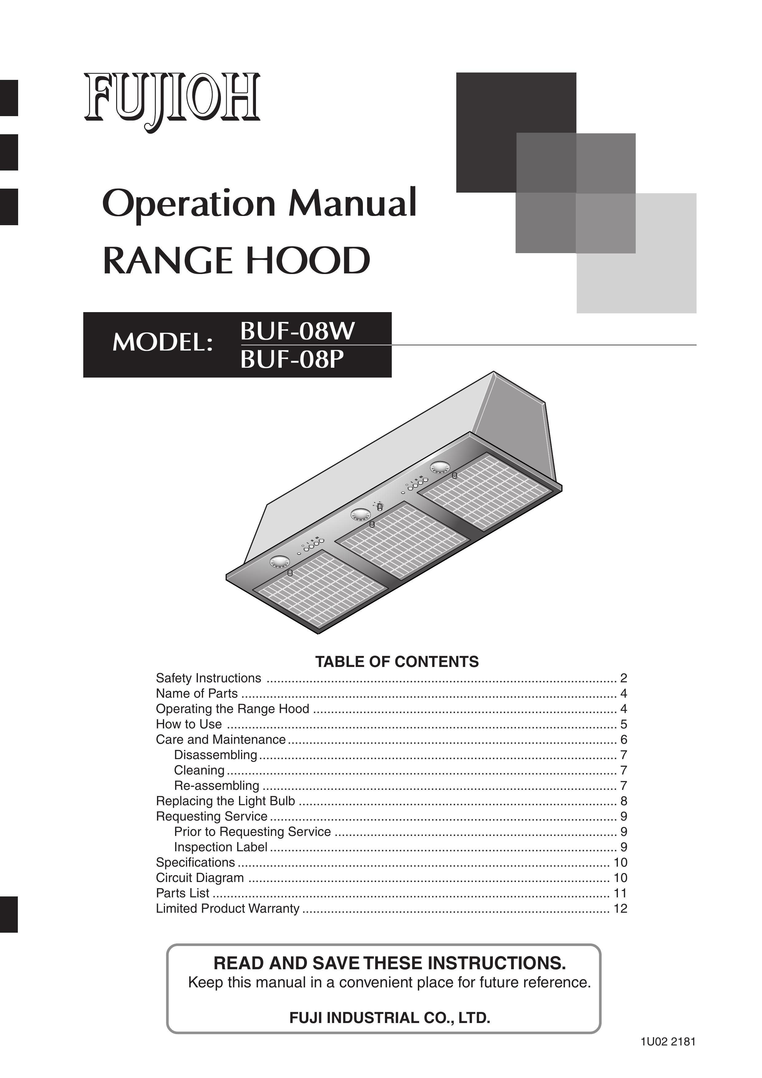 Fujioh BUF-08P Ventilation Hood User Manual