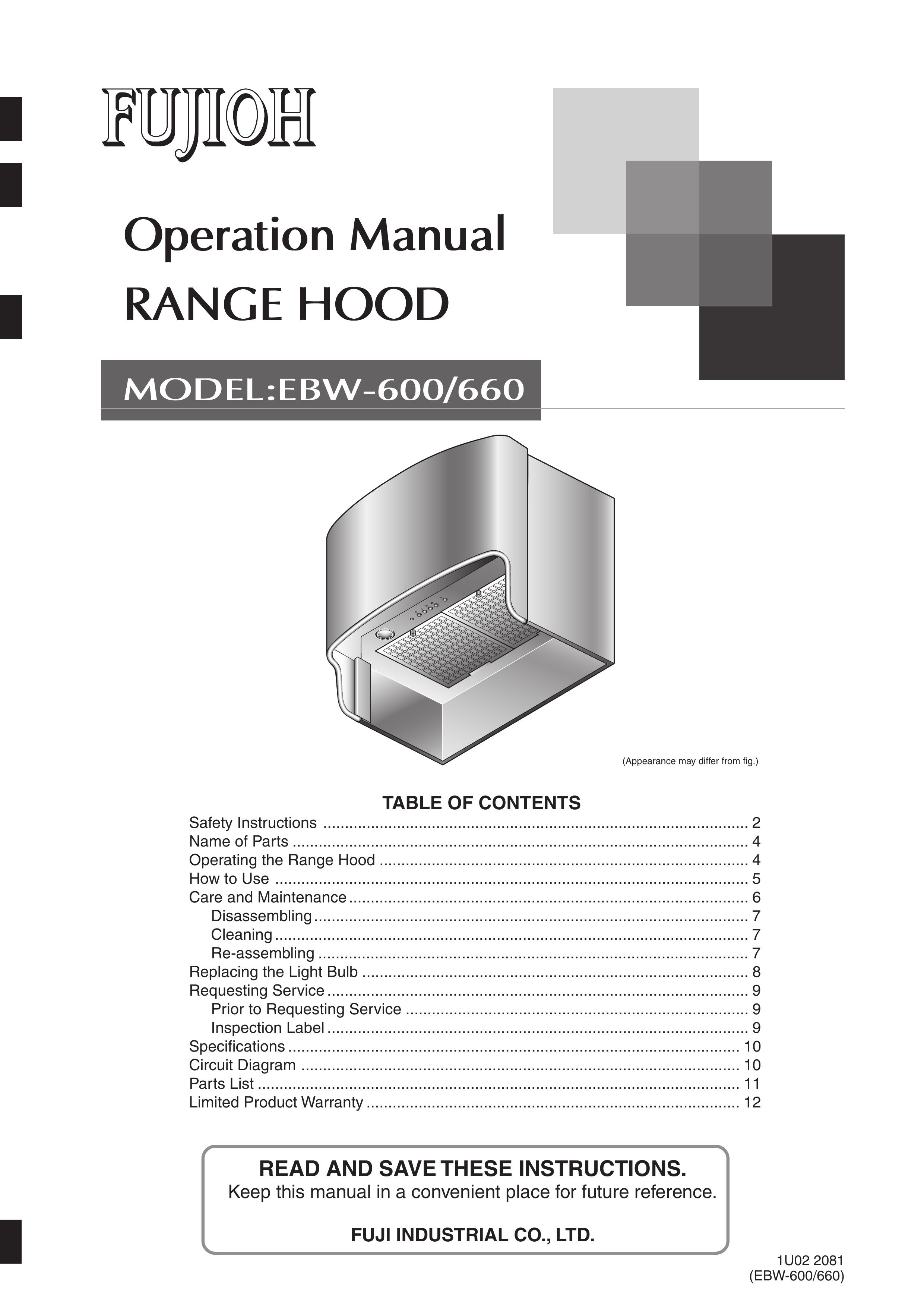 Fujioh EBW-600 Ventilation Hood User Manual
