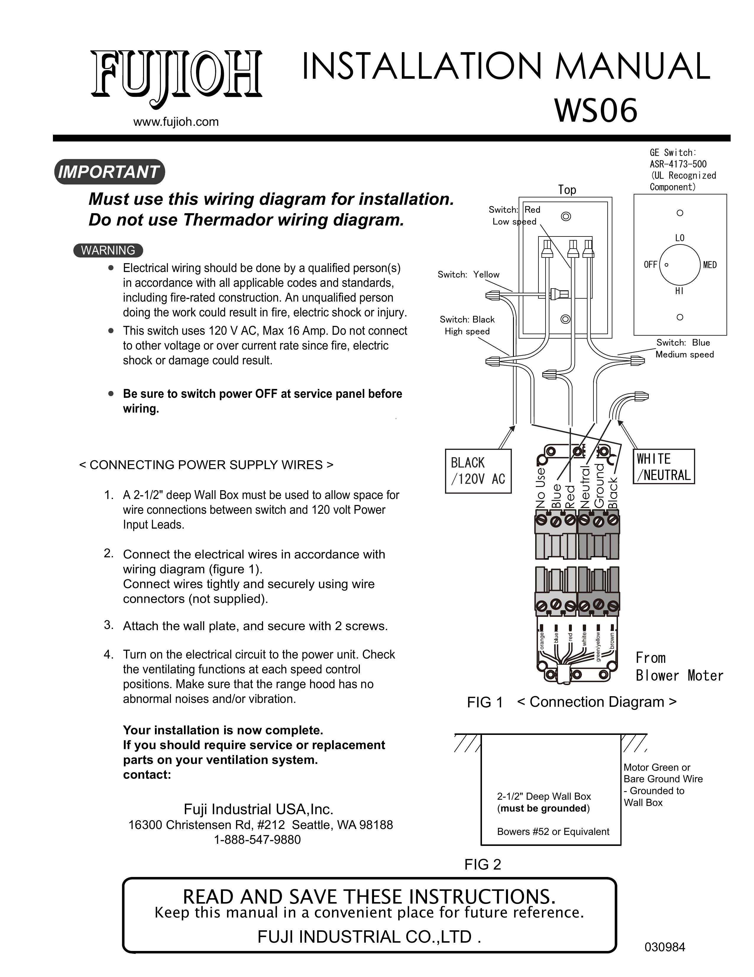 Fujioh WS06 Ventilation Hood User Manual