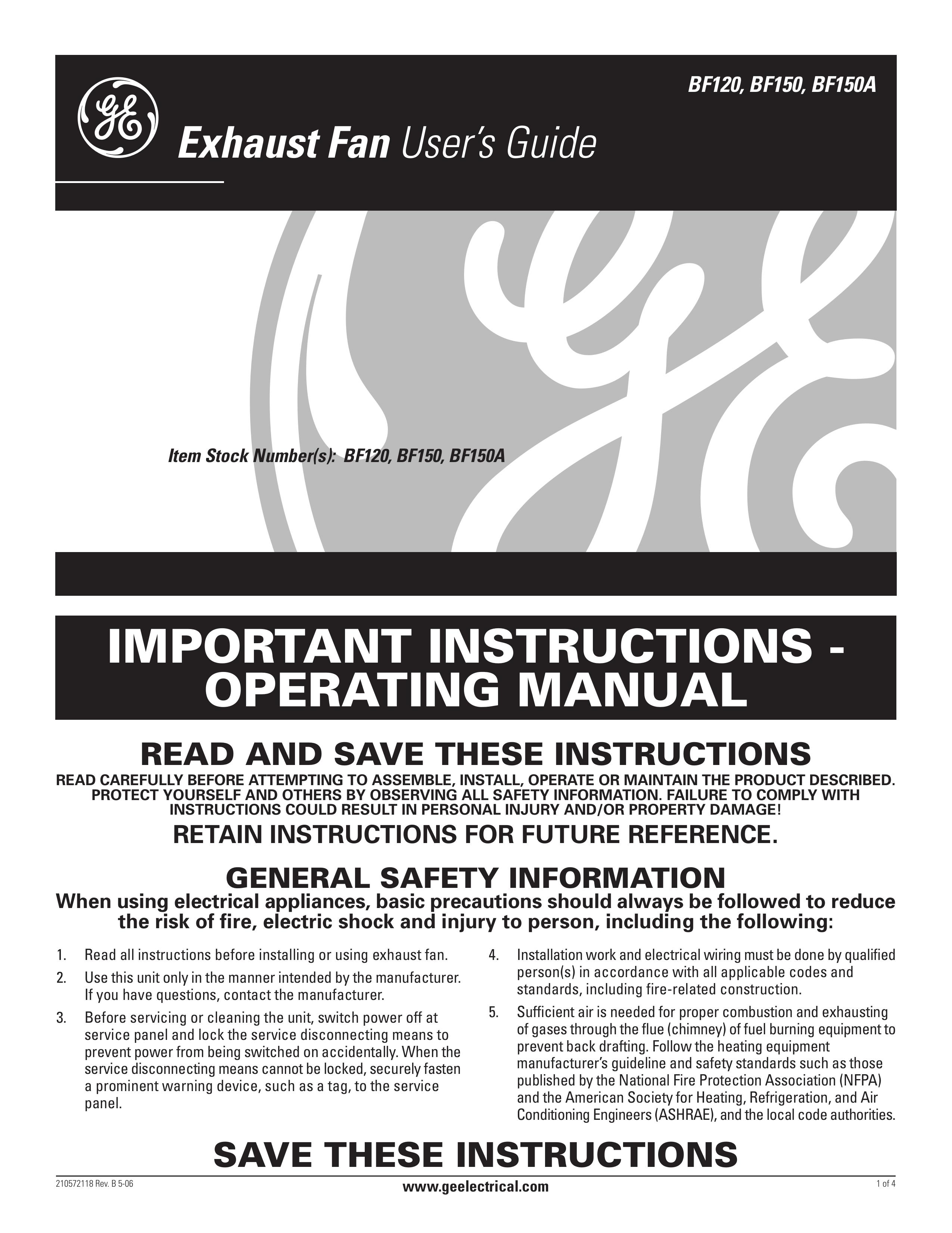 GE BF150 Ventilation Hood User Manual