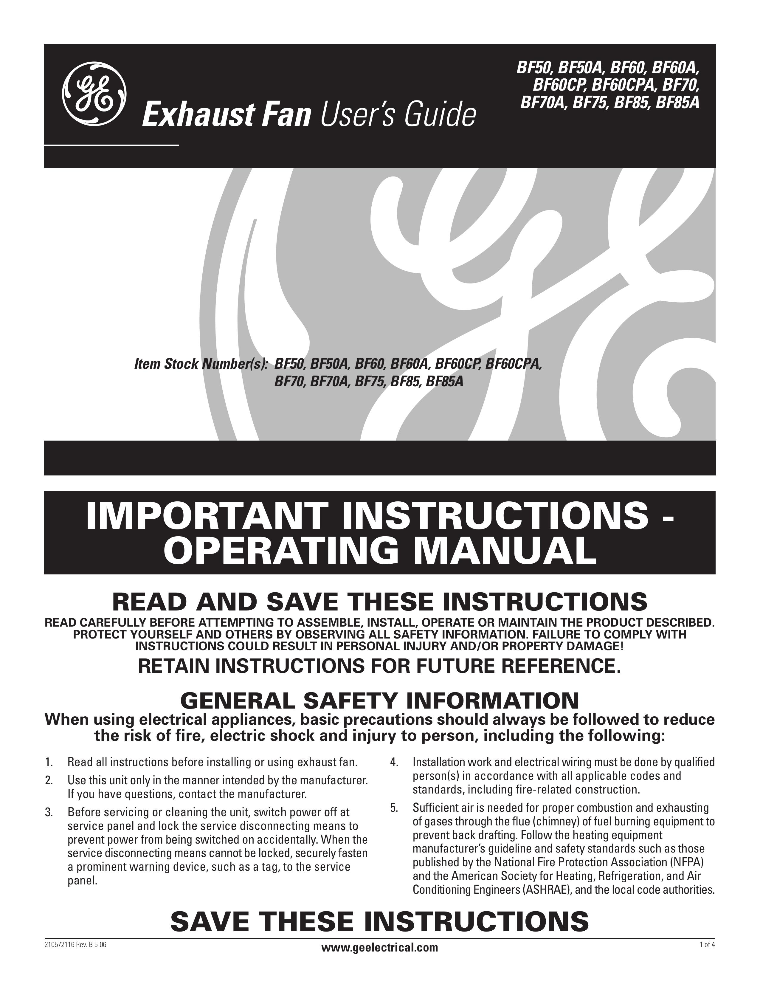 GE BF60CP Ventilation Hood User Manual