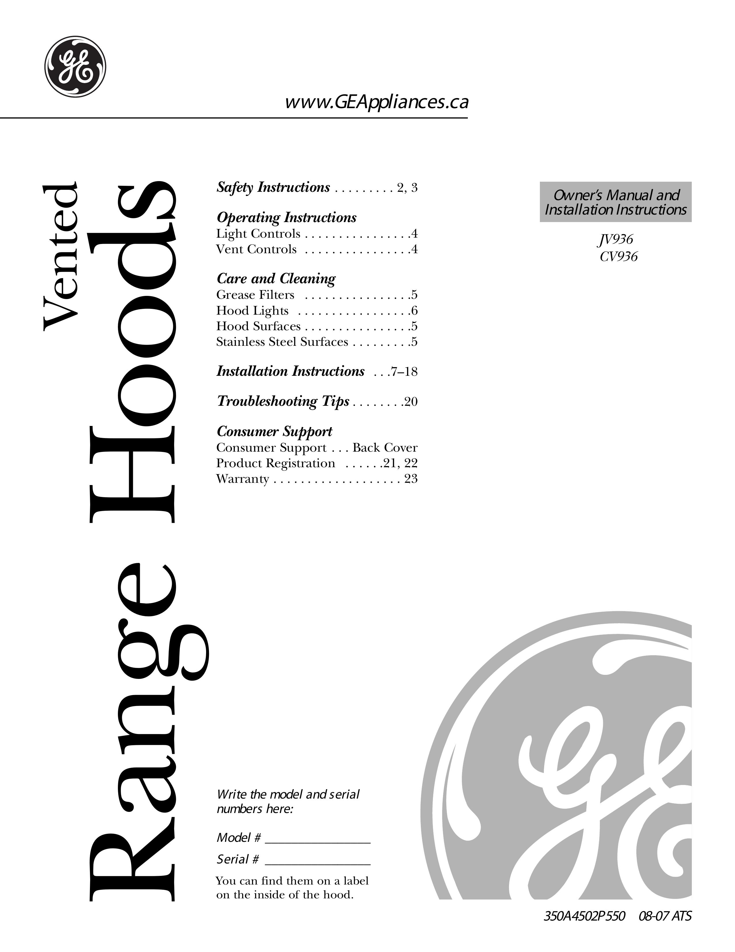 GE CV936 Ventilation Hood User Manual