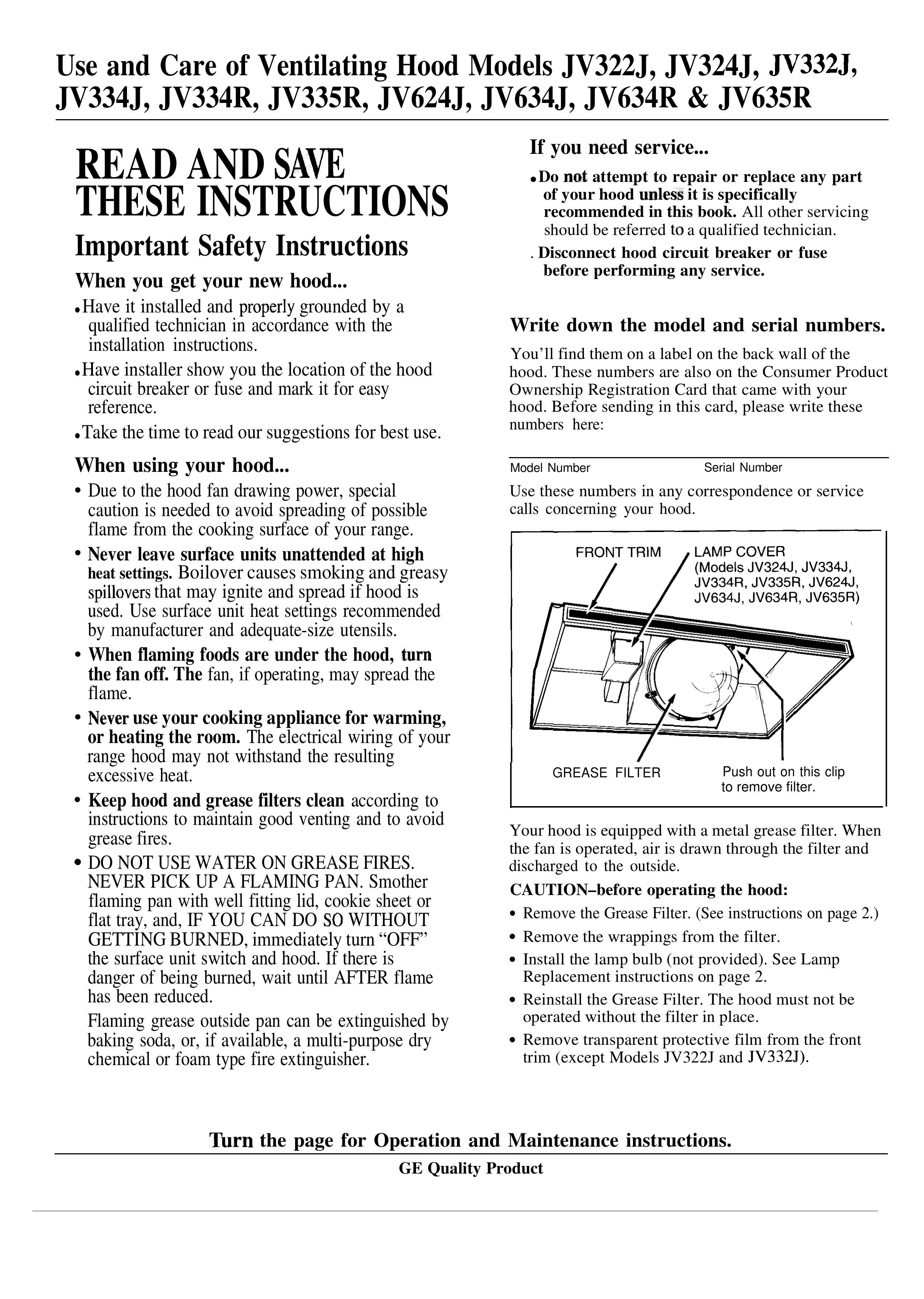GE JV334R Ventilation Hood User Manual