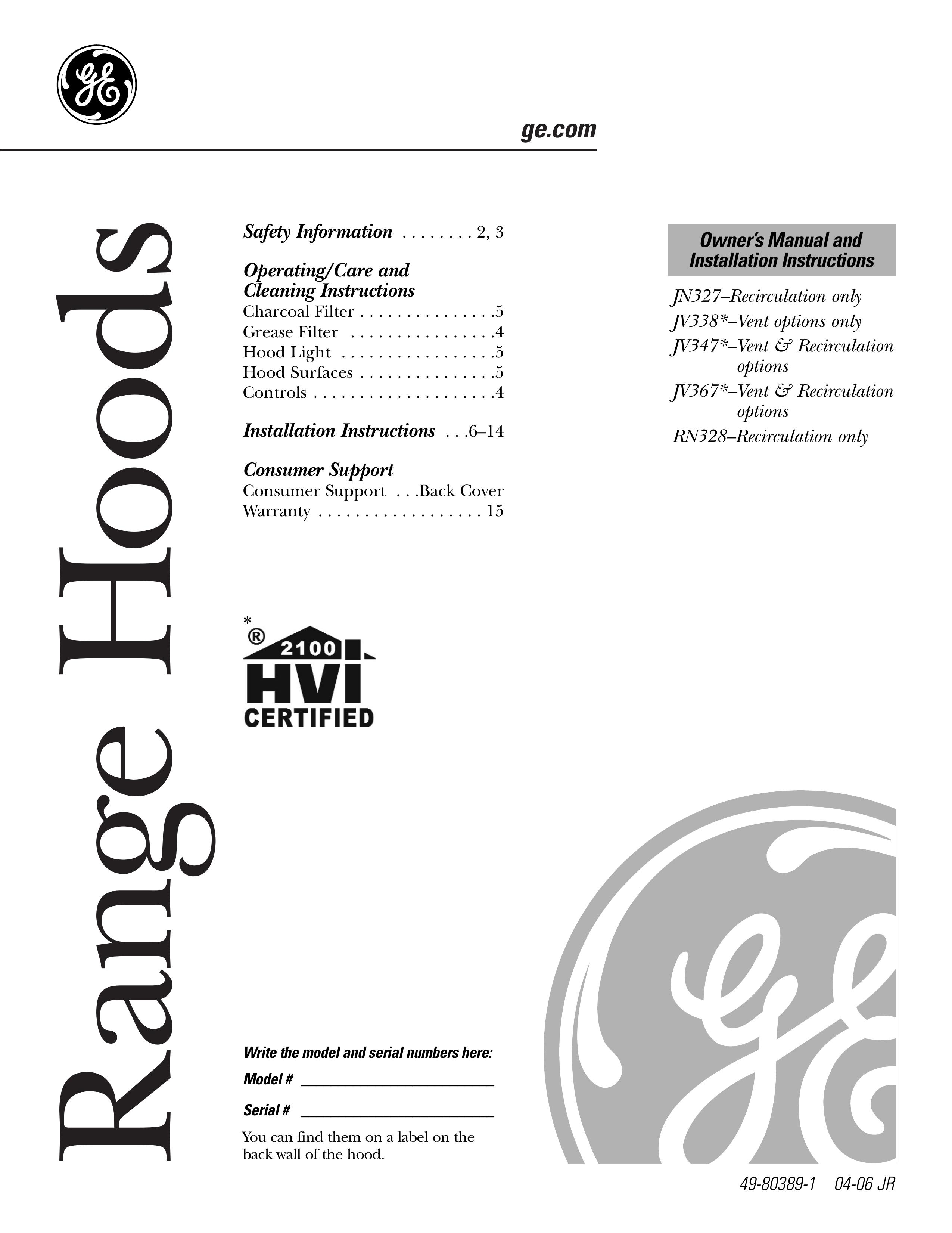 GE Monogram JV347 Ventilation Hood User Manual