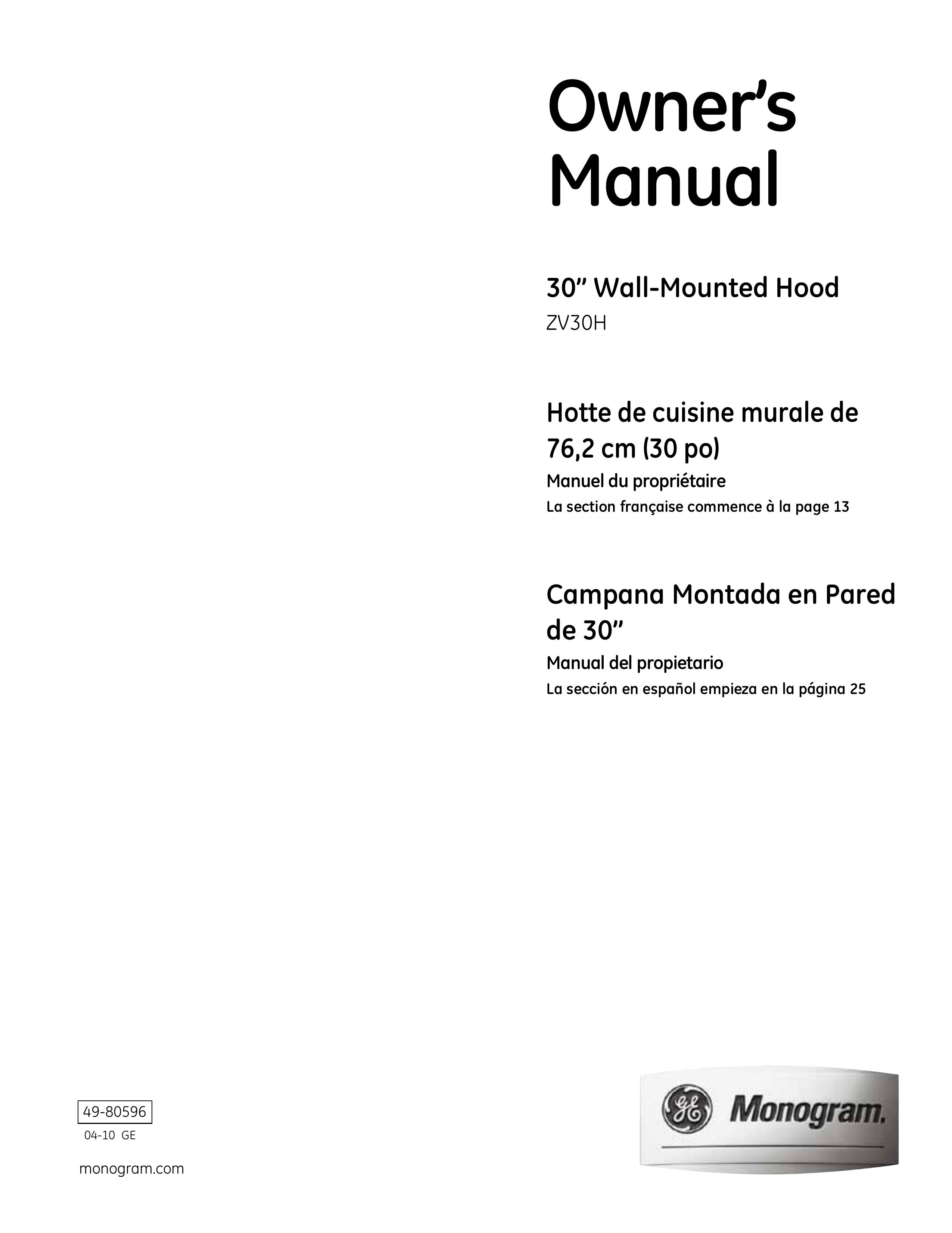GE Monogram ZV30H Ventilation Hood User Manual