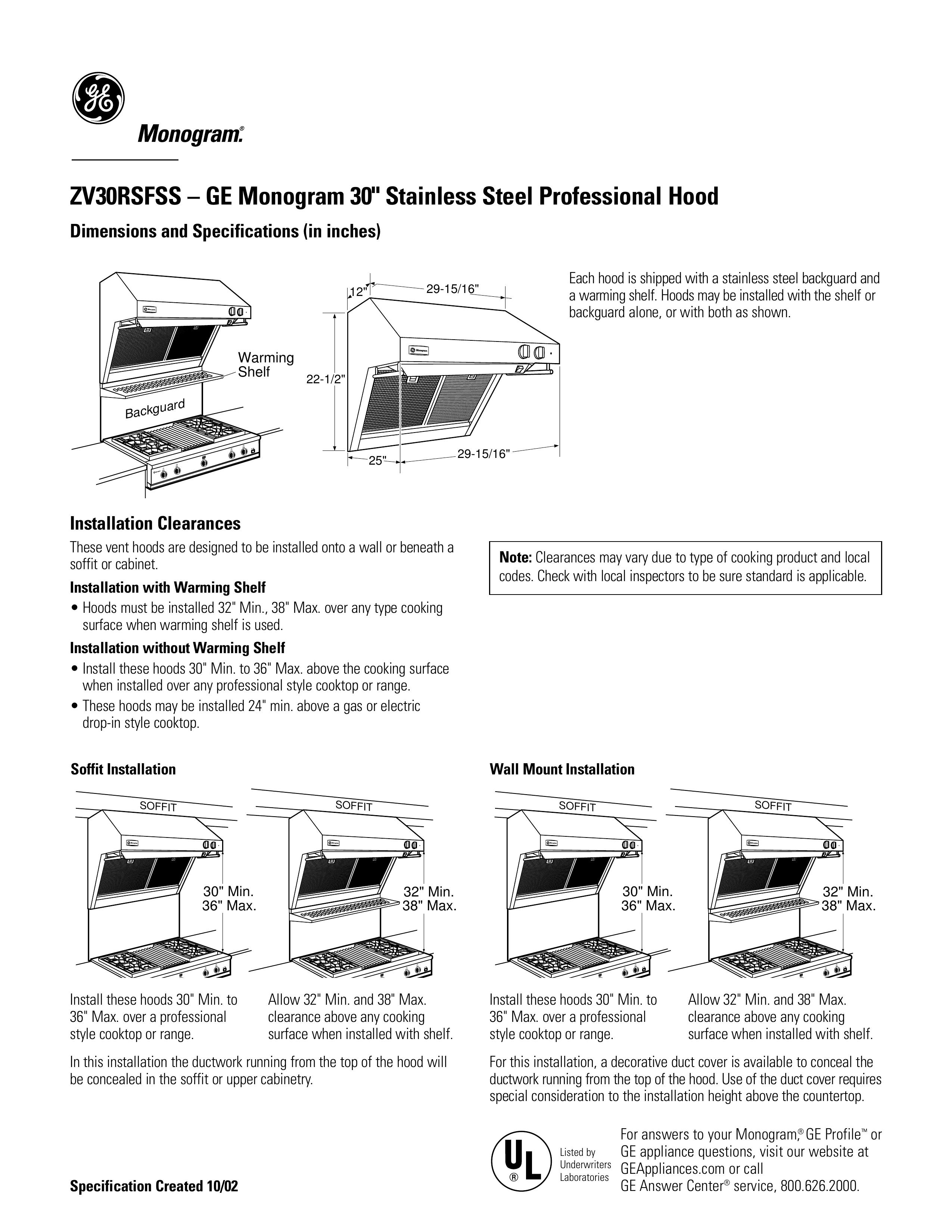 GE Monogram ZV30RSFSS Ventilation Hood User Manual