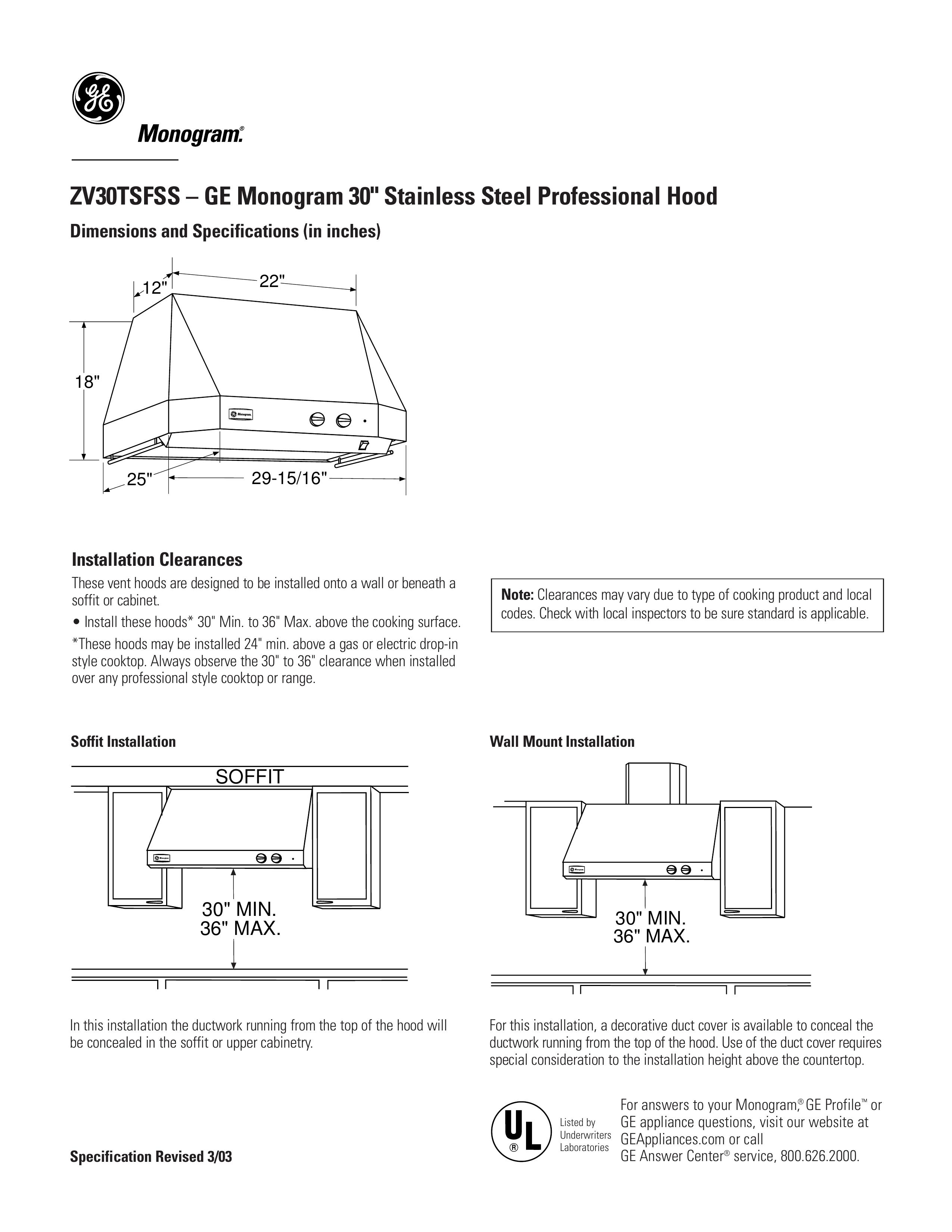 GE Monogram ZV30TSFSS Ventilation Hood User Manual