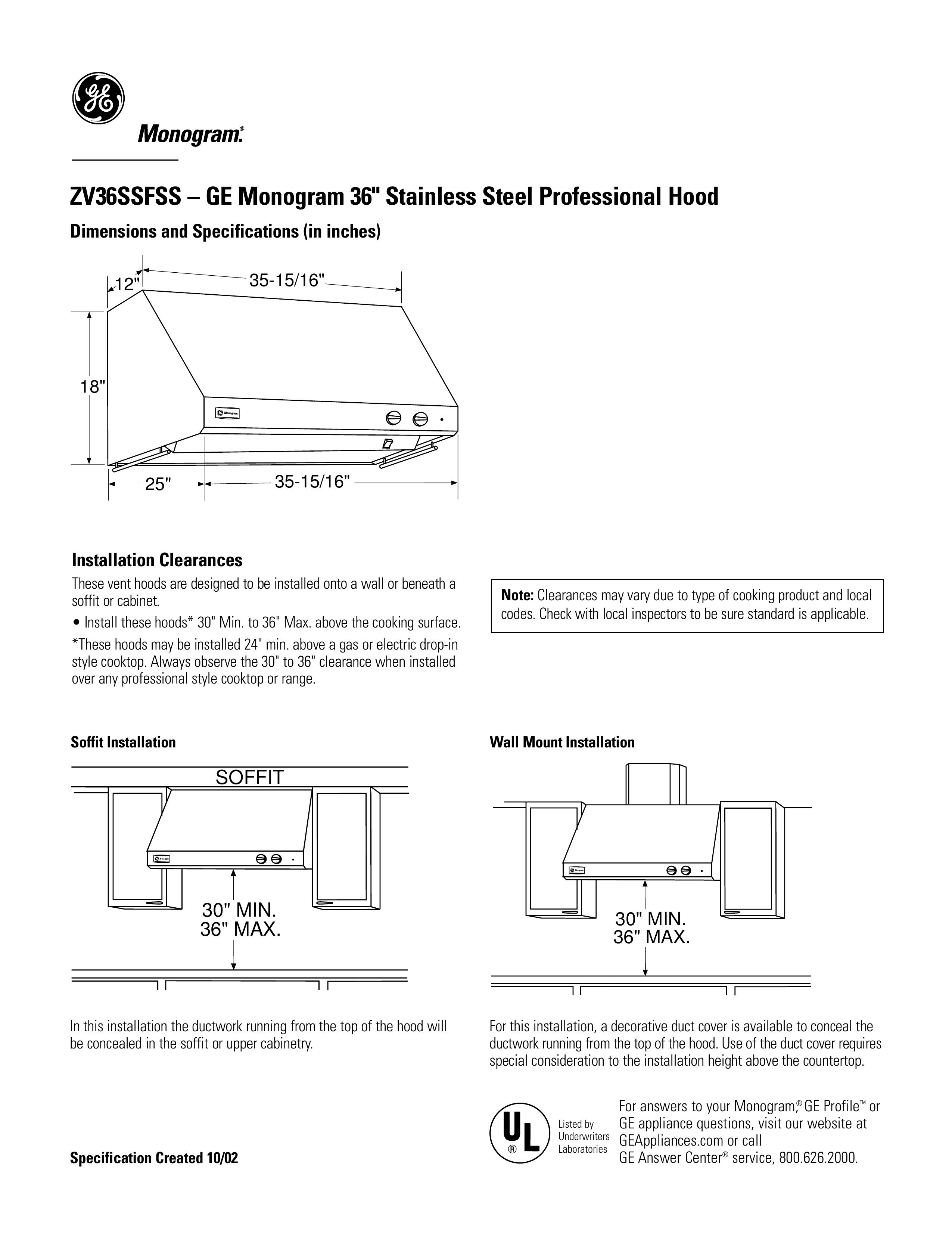 GE Monogram ZV36SSFSS Ventilation Hood User Manual