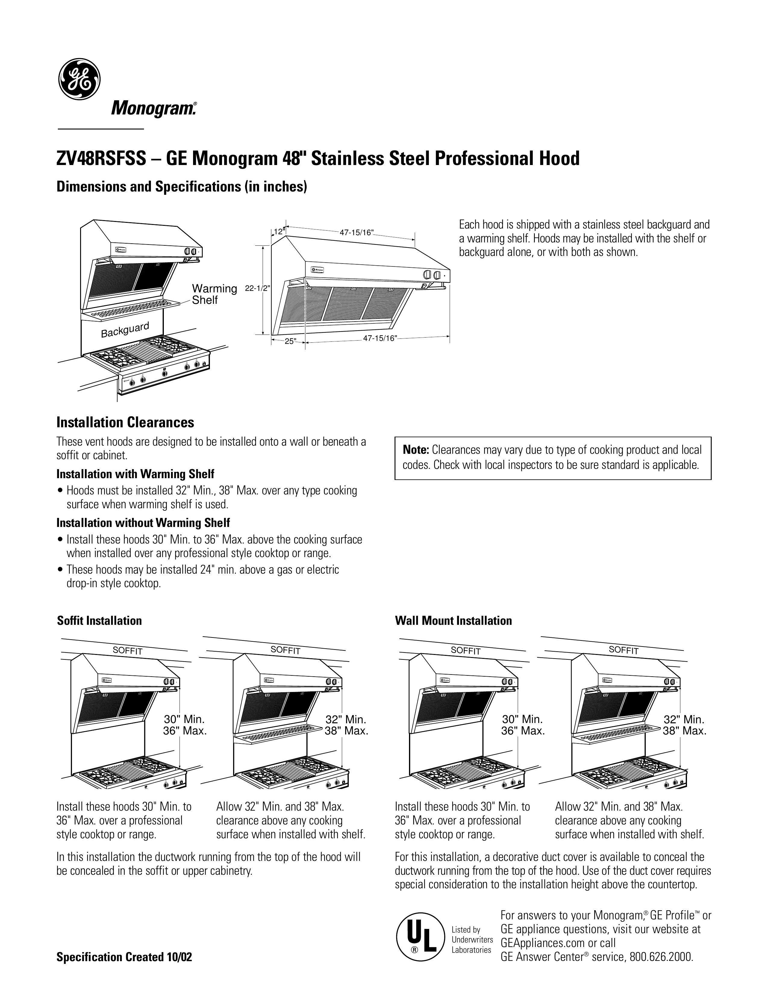 GE Monogram ZV48RSFSS Ventilation Hood User Manual