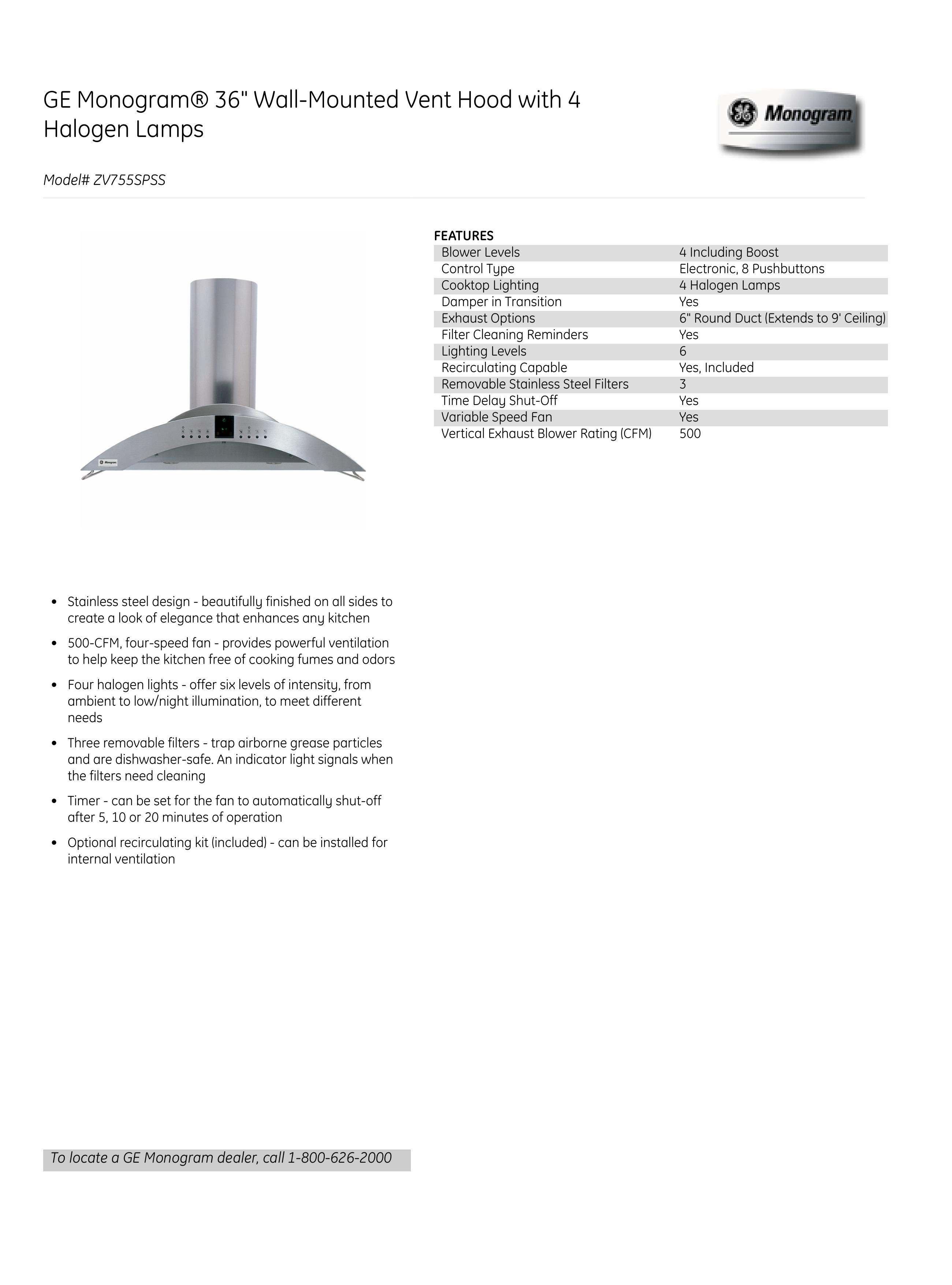 GE Monogram ZV755SPSS Ventilation Hood User Manual