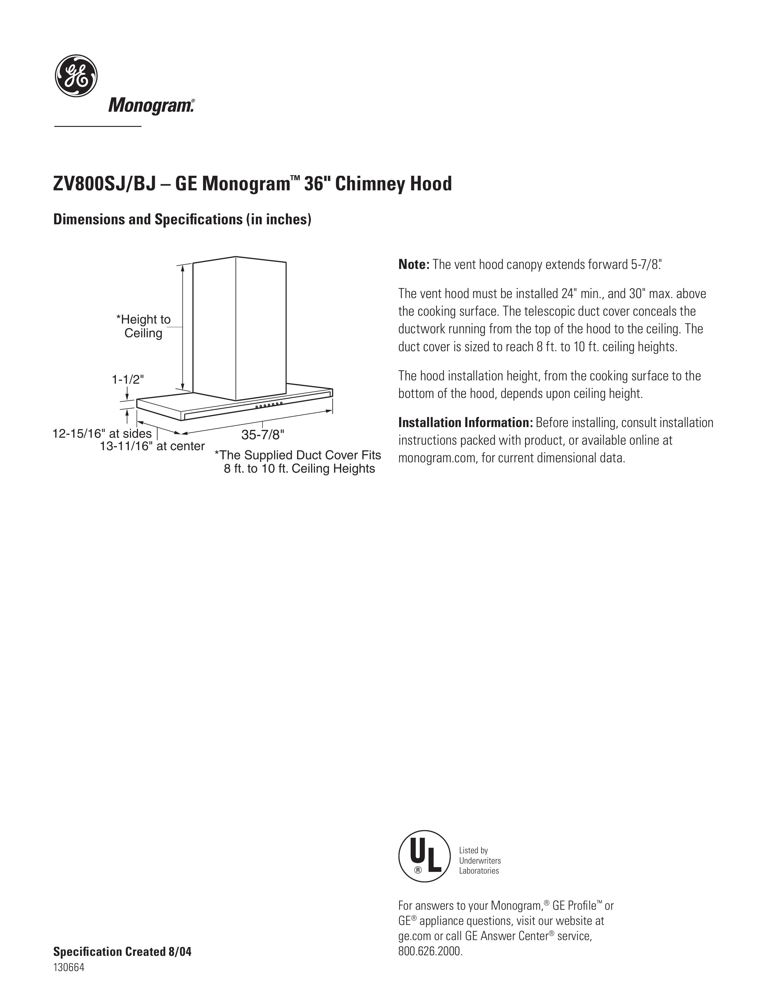 GE Monogram ZV800SJ Ventilation Hood User Manual
