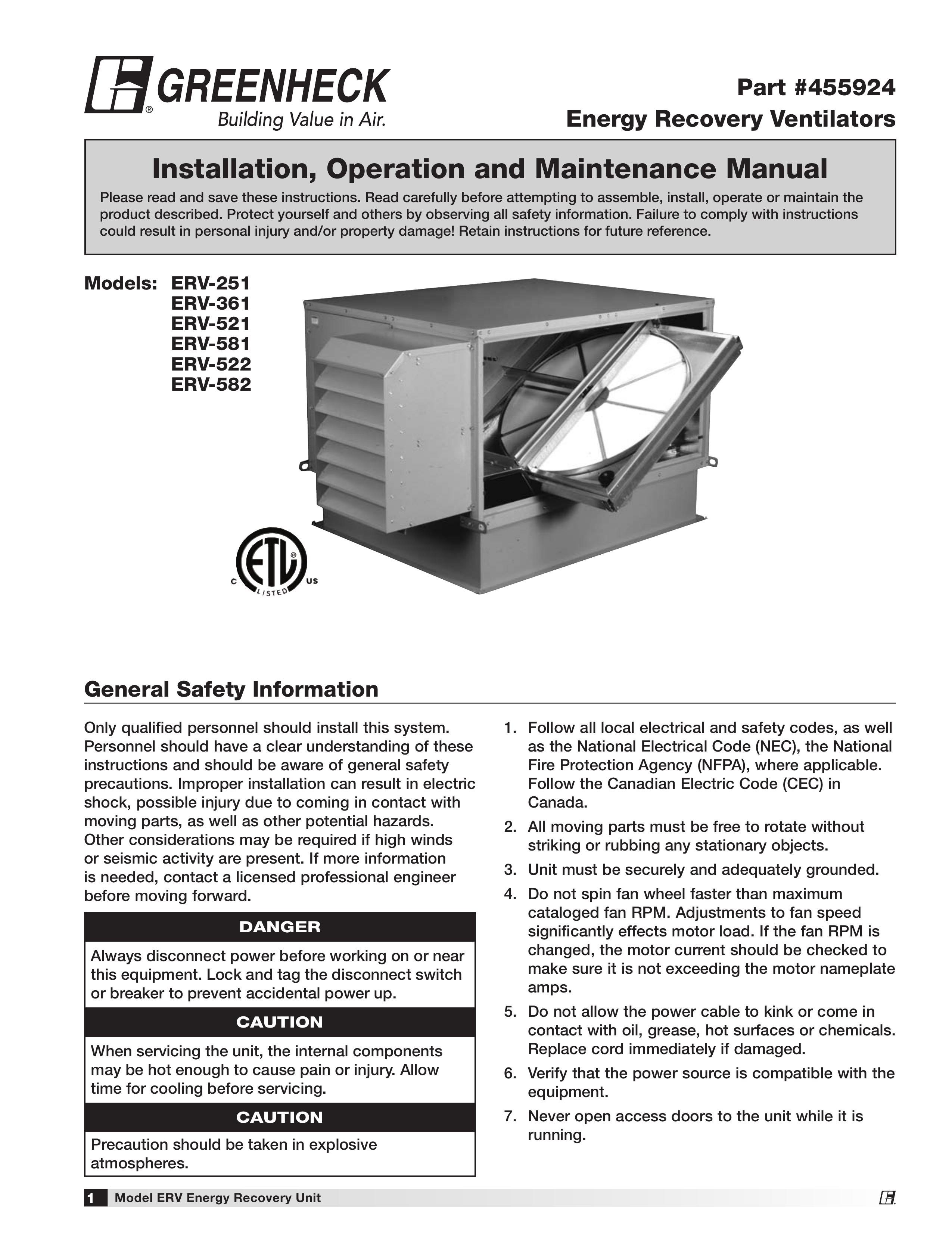 Greenheck Fan ERV-251 Ventilation Hood User Manual