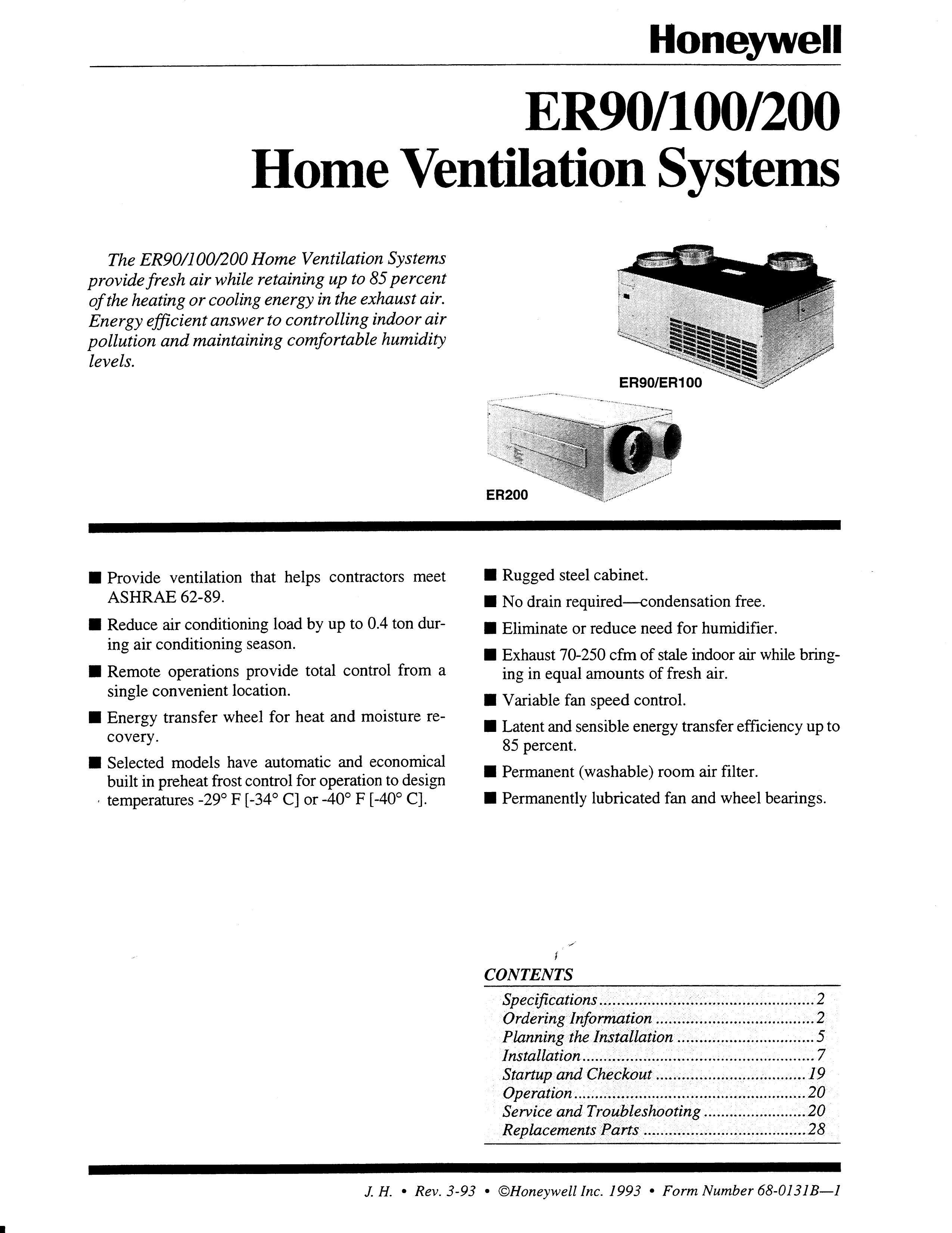 Honeywell ER90/ER100/200 Ventilation Hood User Manual