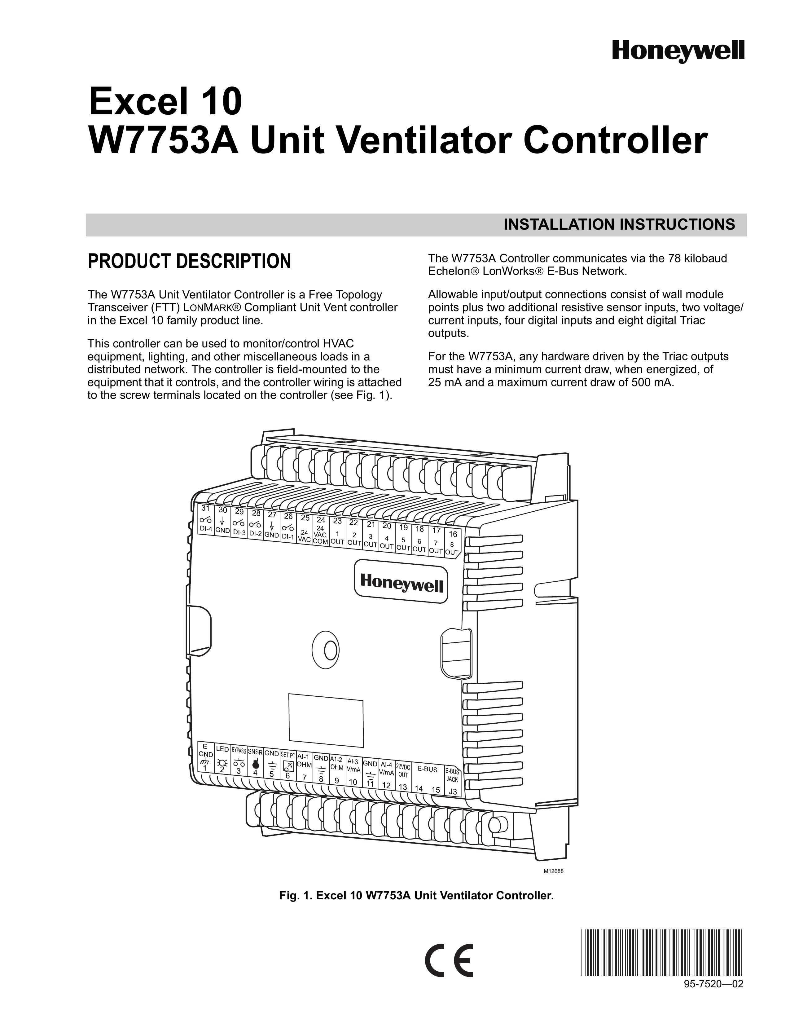 Honeywell W7753A Ventilation Hood User Manual