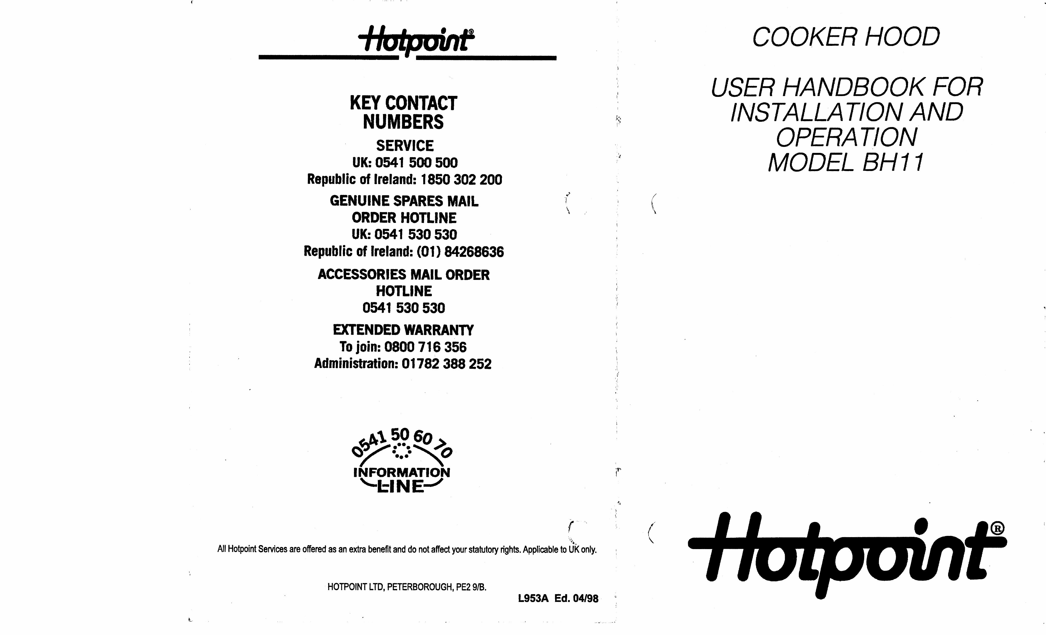 Hotpoint BH11 Ventilation Hood User Manual