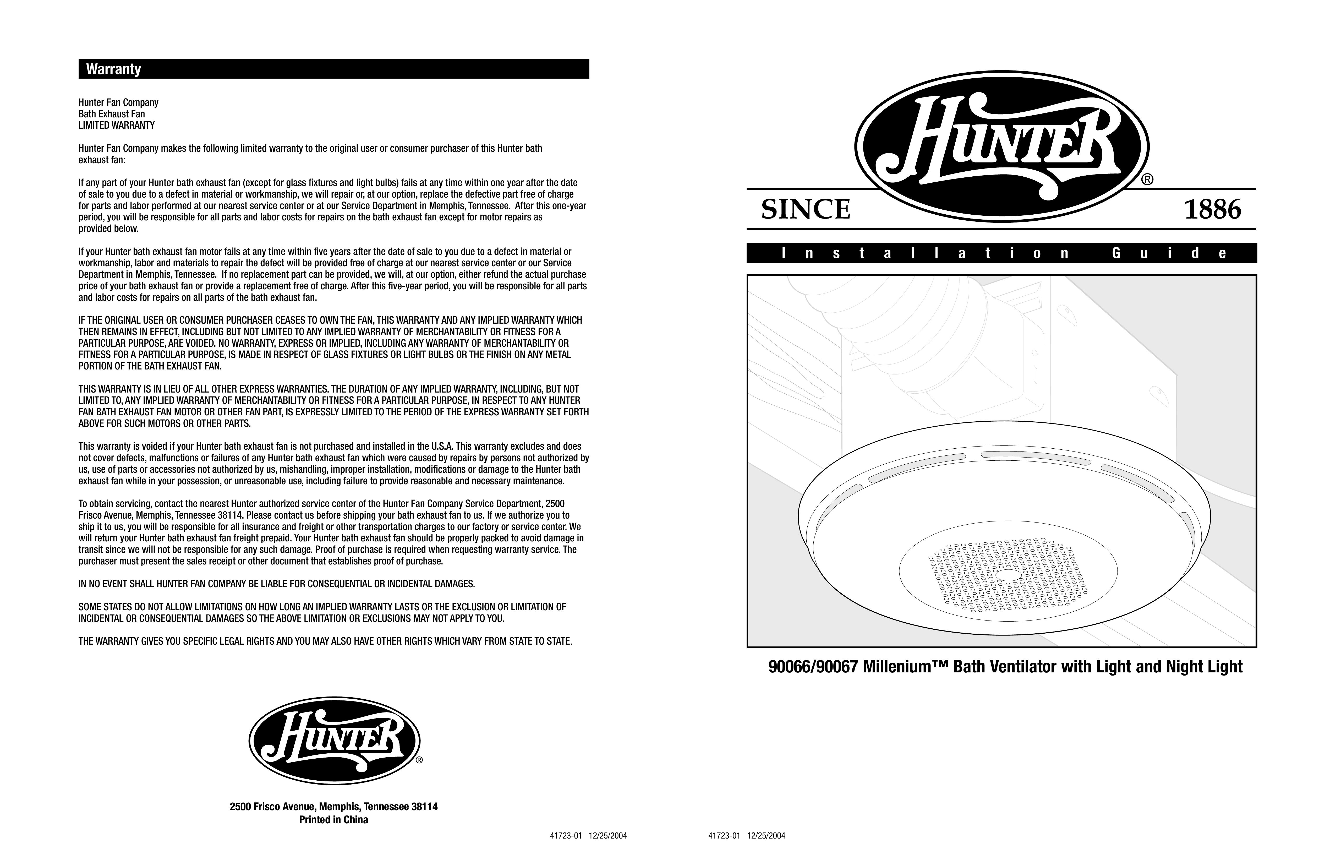 Hunter Fan 90066 Ventilation Hood User Manual