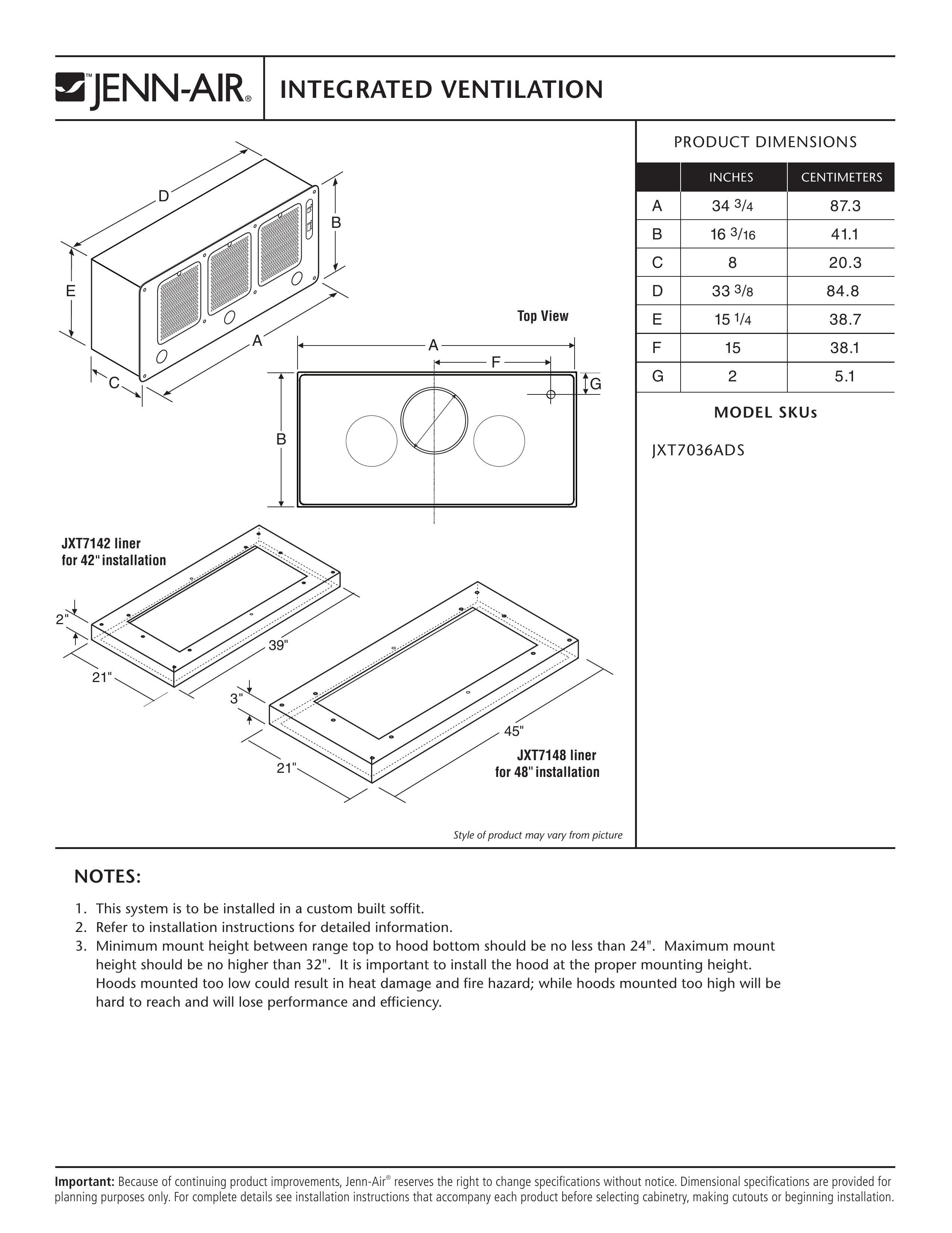 Jenn-Air JXT7142 Ventilation Hood User Manual