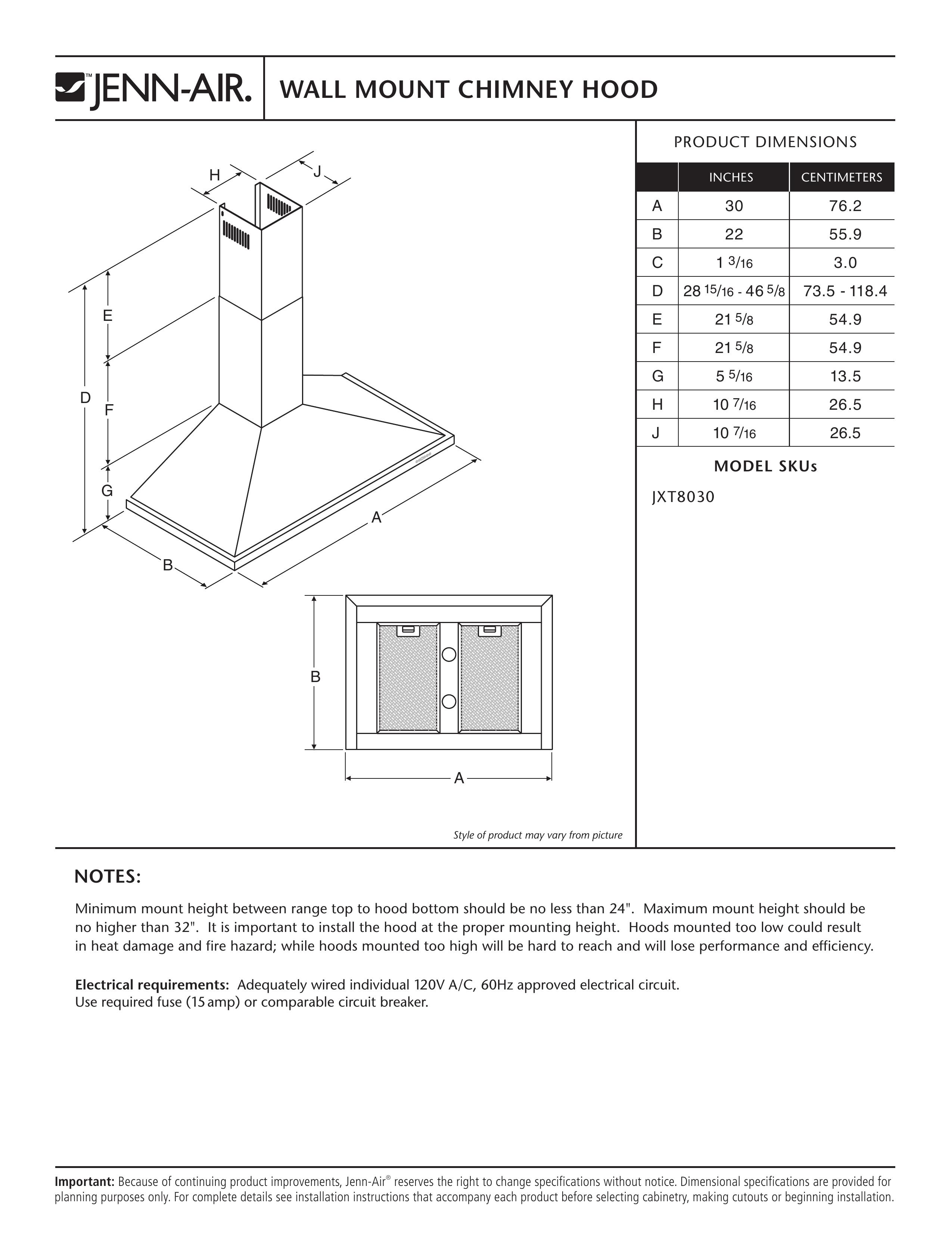 Jenn-Air JXT8030 Ventilation Hood User Manual