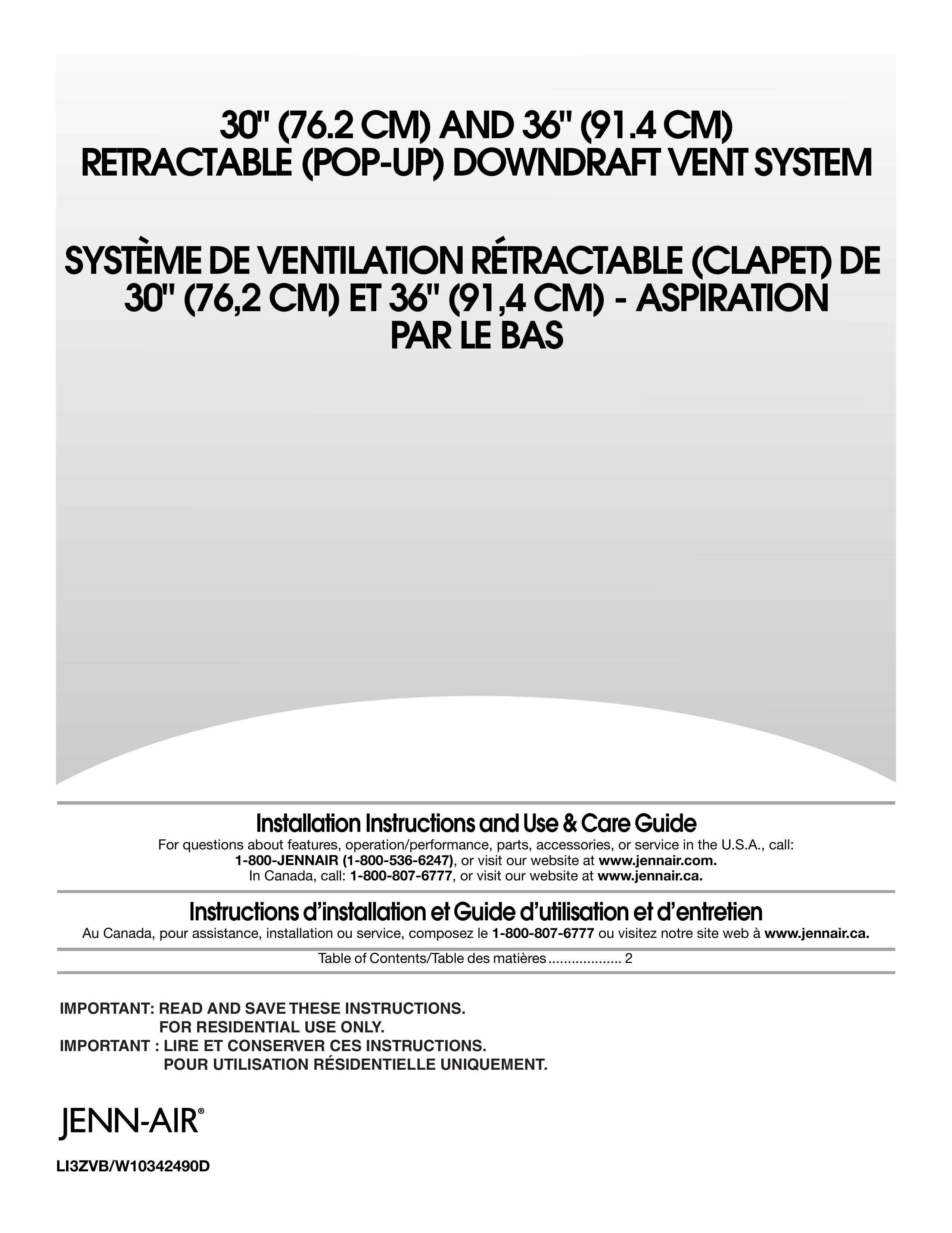 Jenn-Air LI3ZVB/W10342490D Ventilation Hood User Manual
