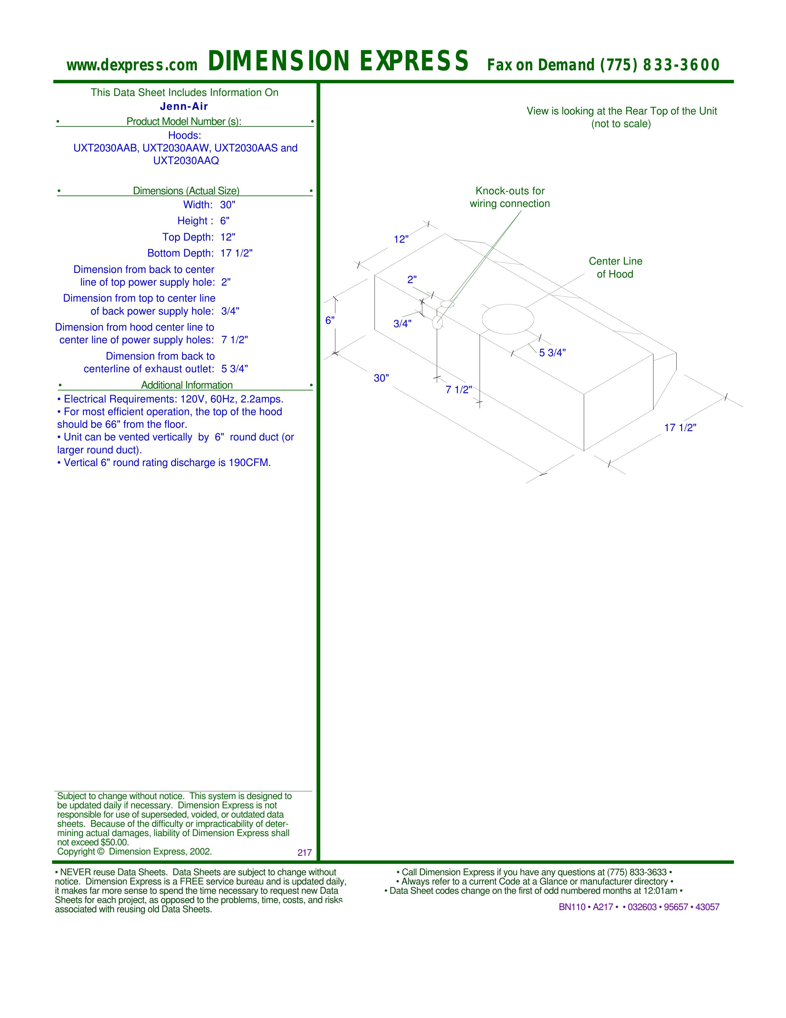 Jenn-Air UXT2030AAW Ventilation Hood User Manual