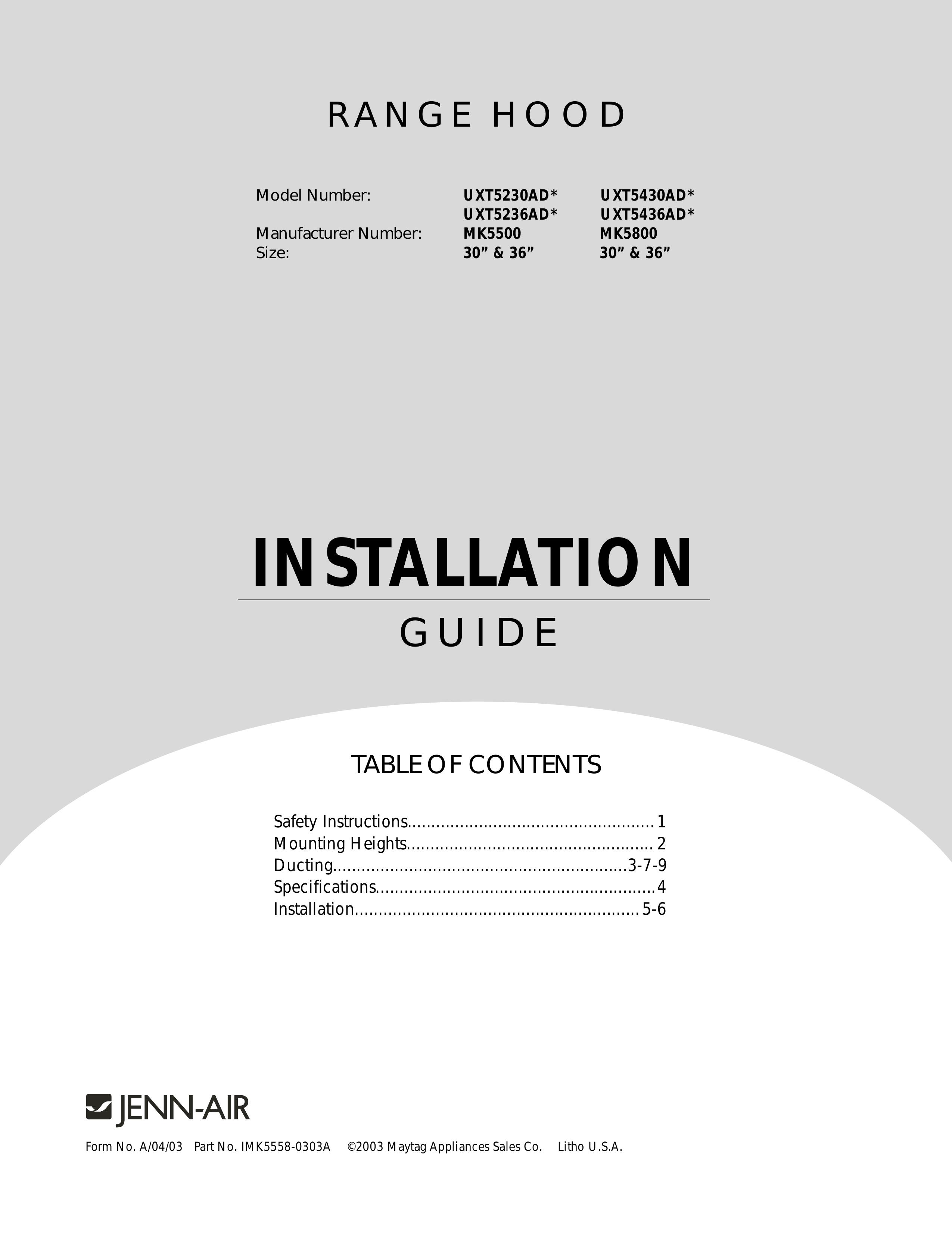 Jenn-Air UXT5236AD Ventilation Hood User Manual
