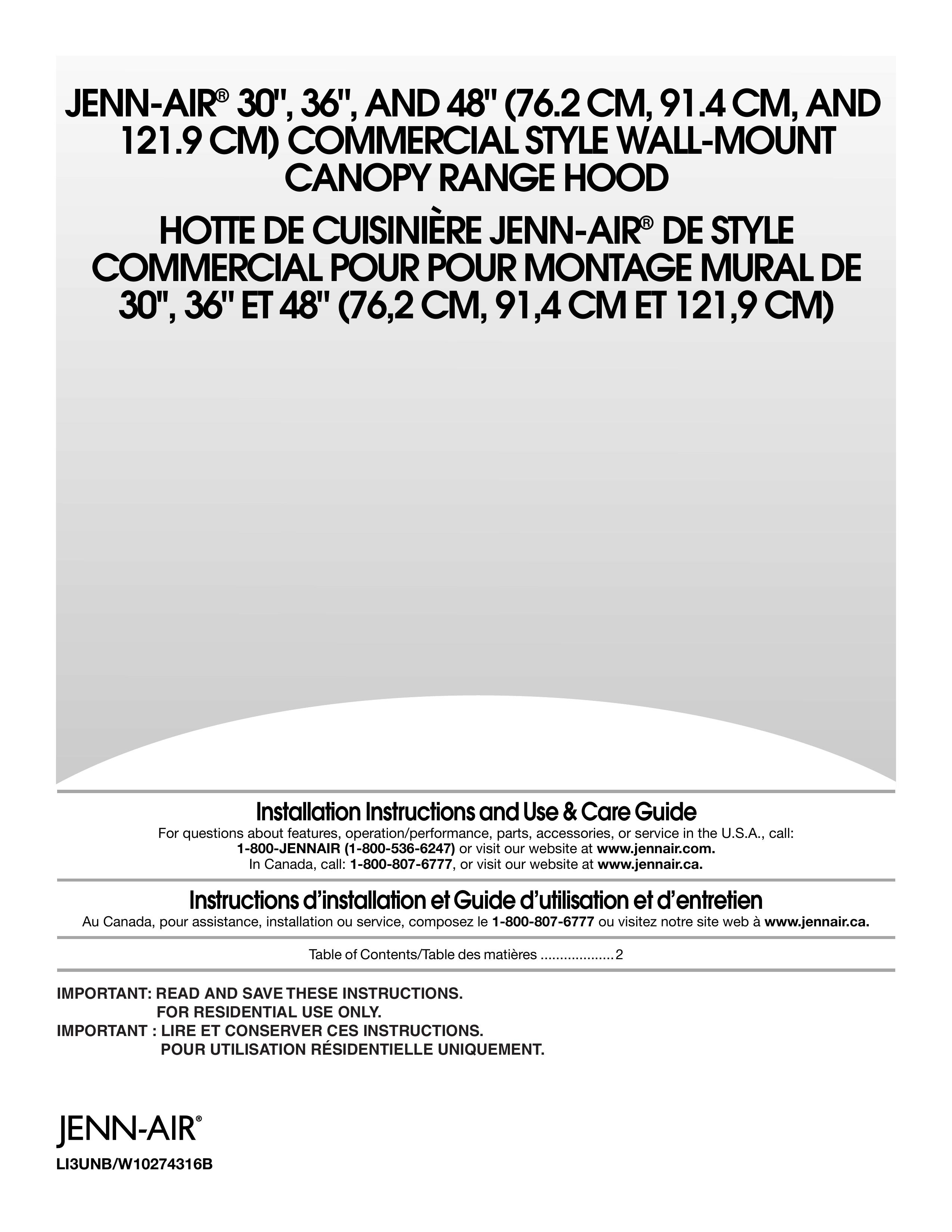 Jenn-Air W10274316B Ventilation Hood User Manual