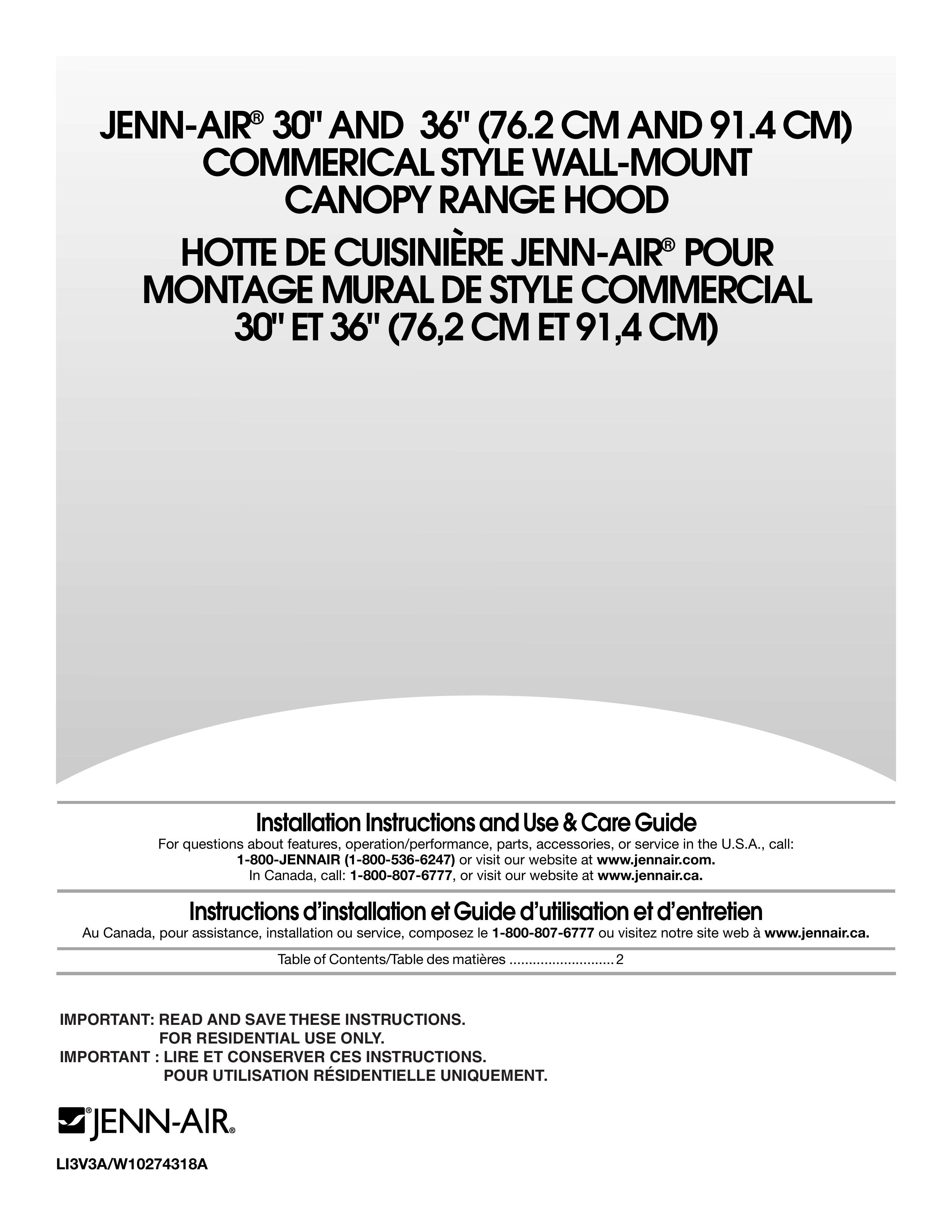 Jenn-Air W10274318A Ventilation Hood User Manual