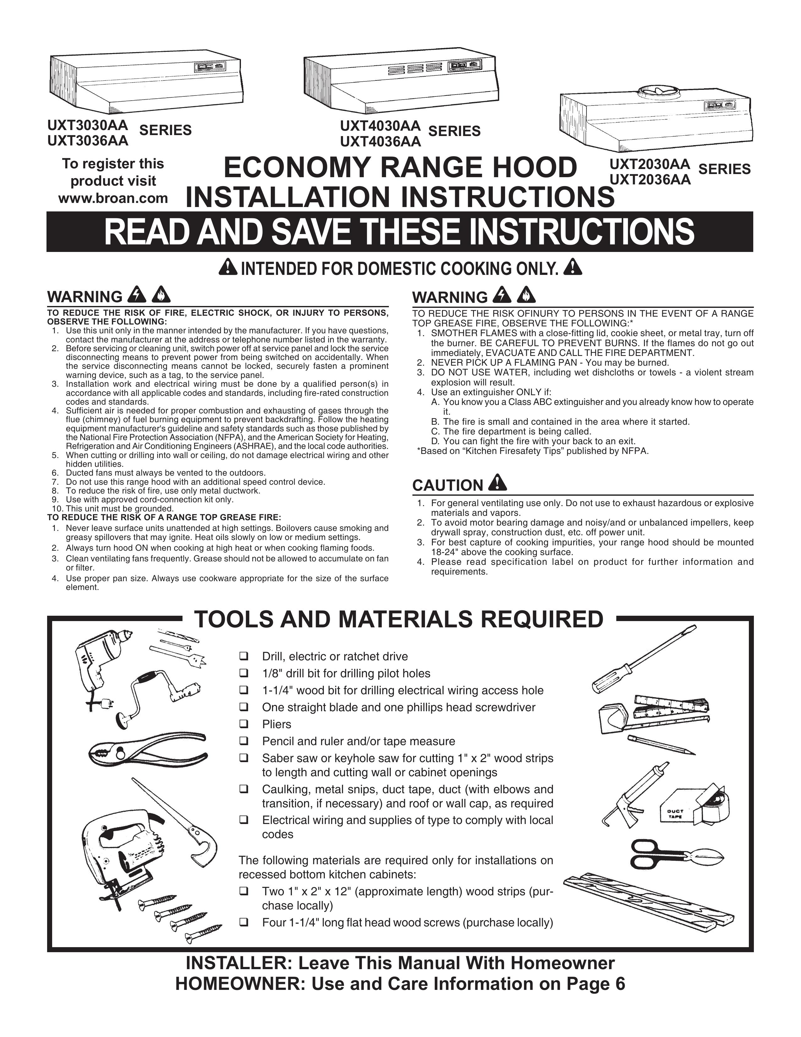 Maytag UXT3030AA Ventilation Hood User Manual