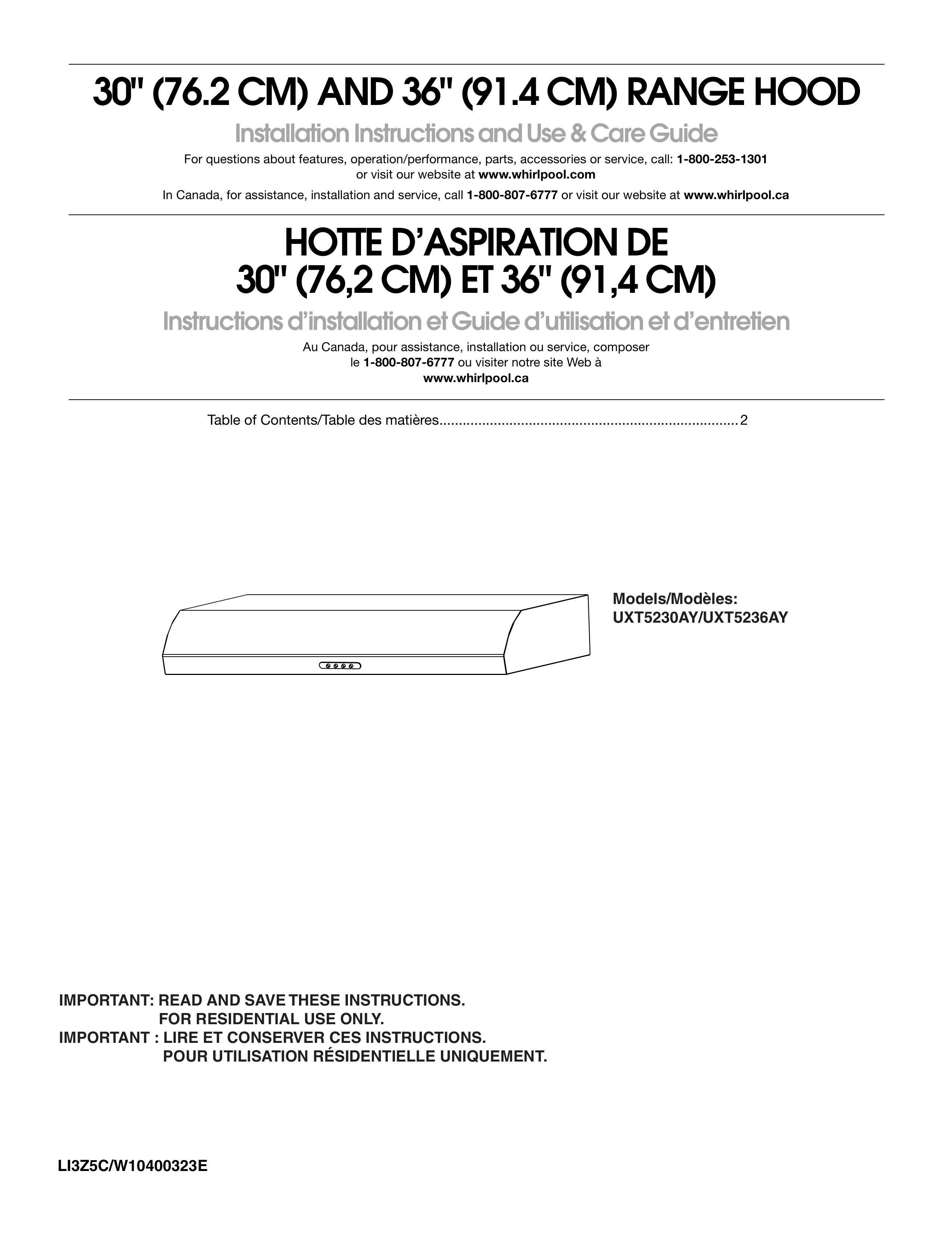 Maytag UXT5230AY Ventilation Hood User Manual