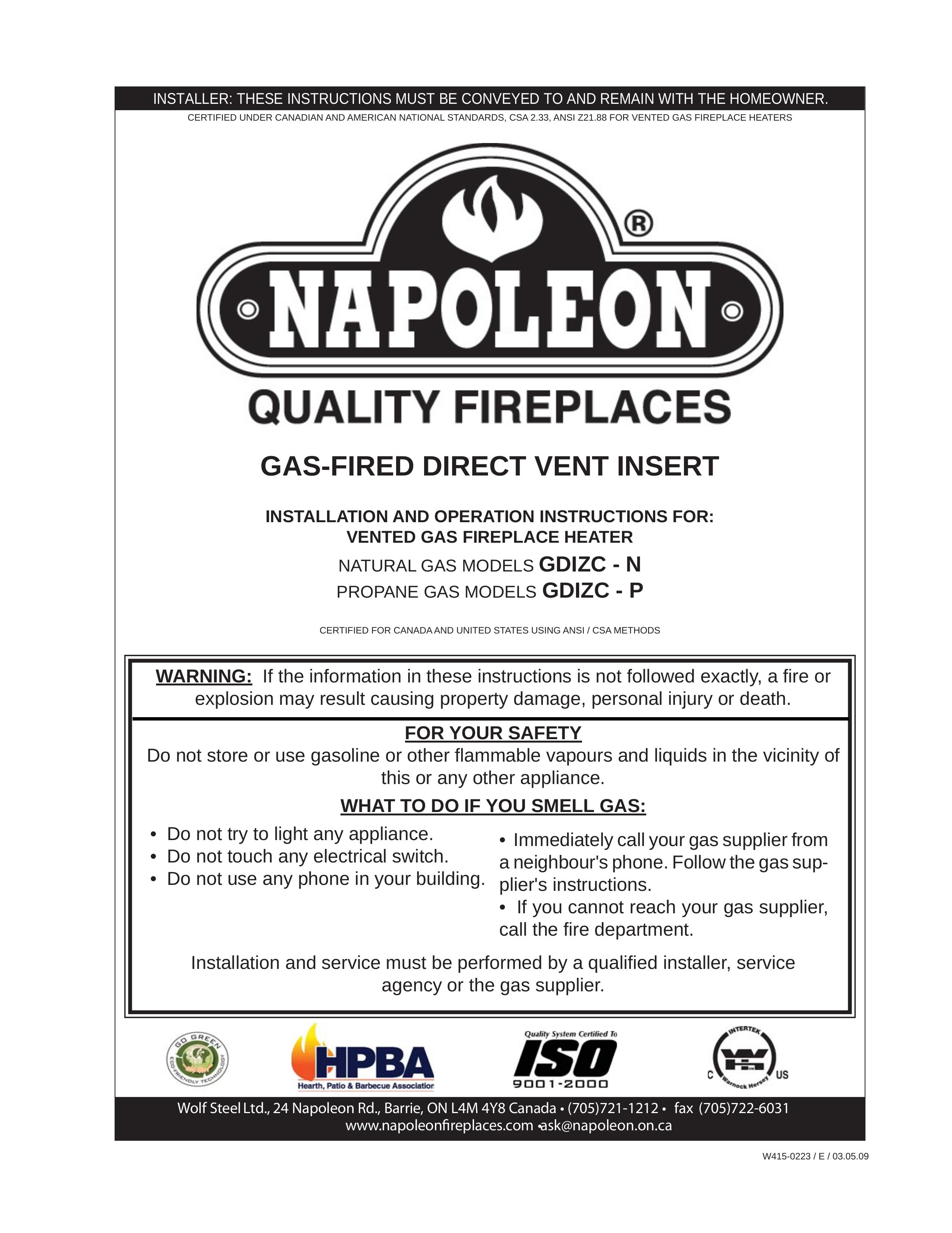 Napoleon Fireplaces GDIZC-N Ventilation Hood User Manual