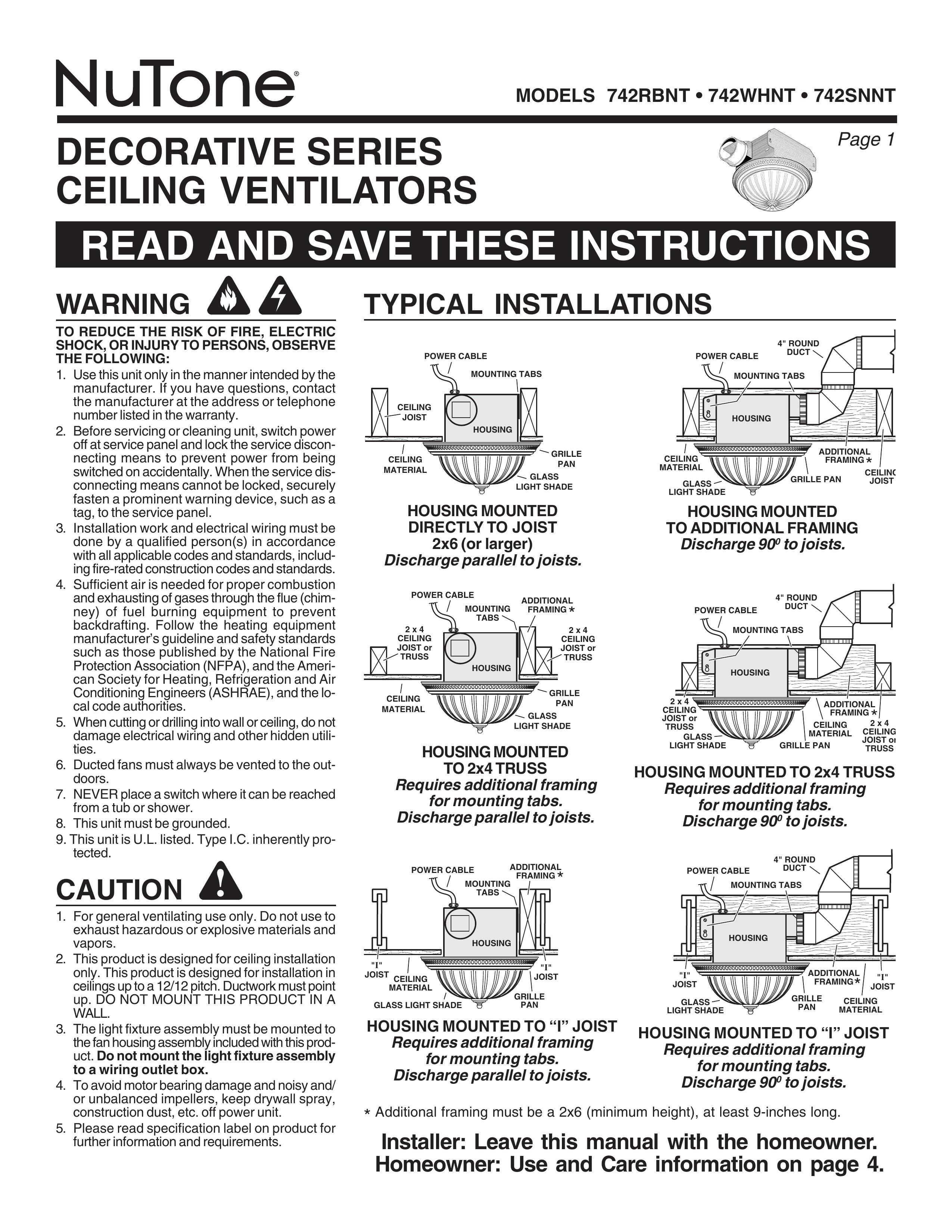 NuTone 742WHNT Ventilation Hood User Manual