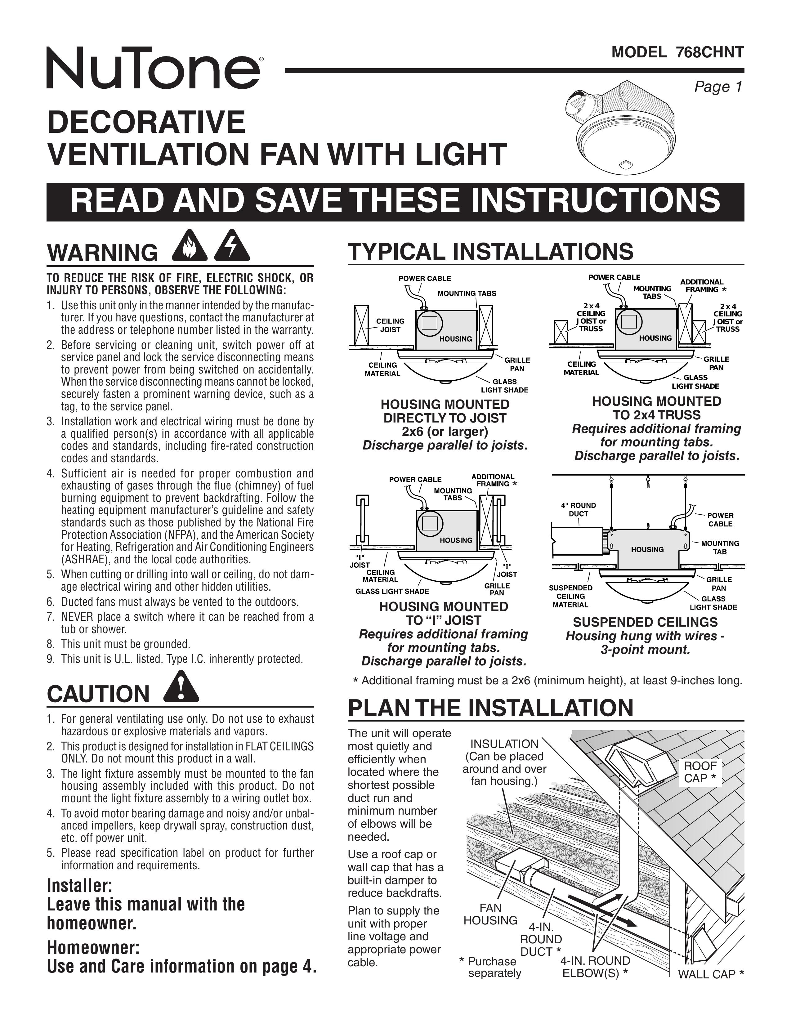 NuTone 768CHNT Ventilation Hood User Manual