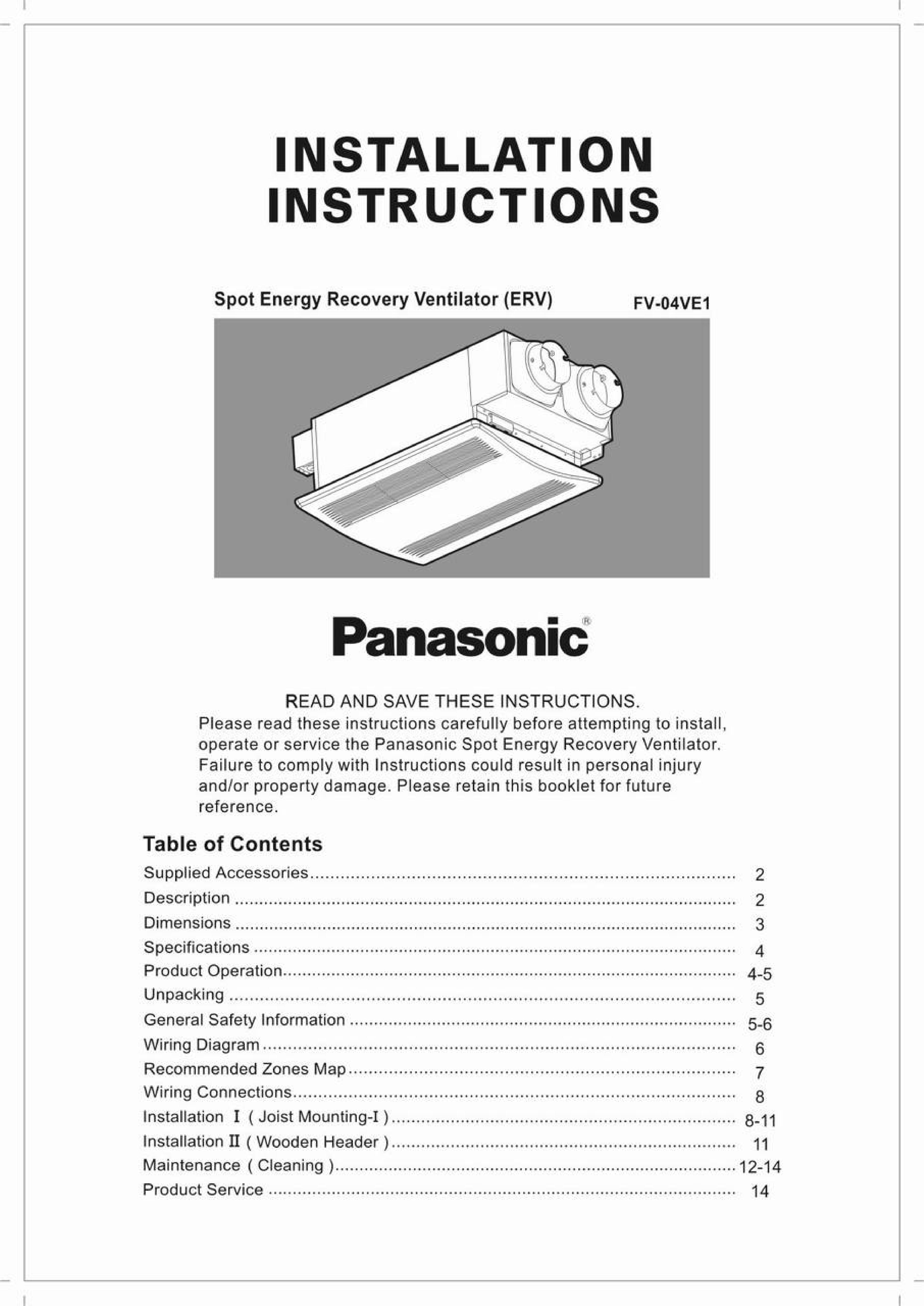Panasonic FV-04VE1 Ventilation Hood User Manual