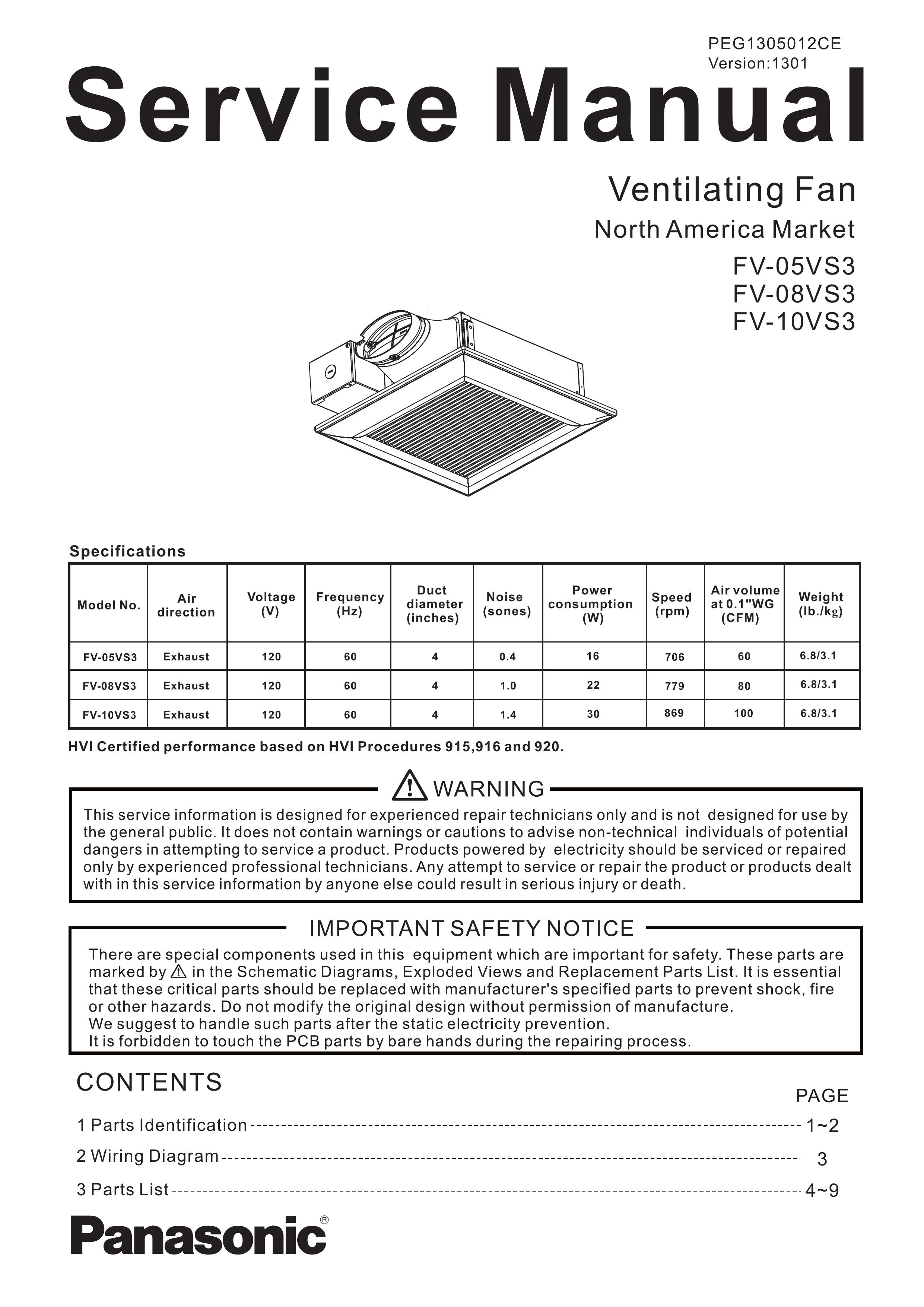 Panasonic FV-05VS3 Ventilation Hood User Manual