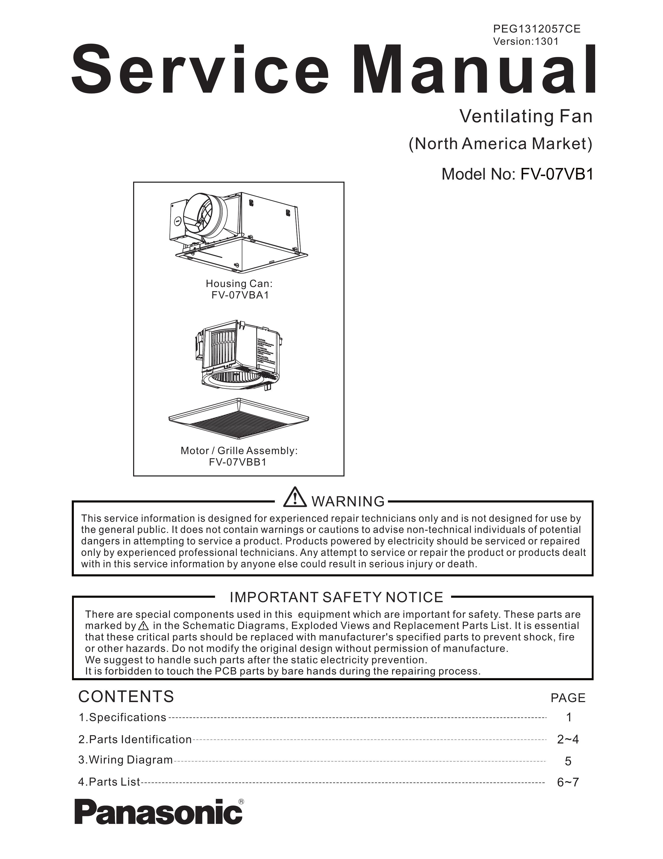 Panasonic FV-07VB1 Ventilation Hood User Manual