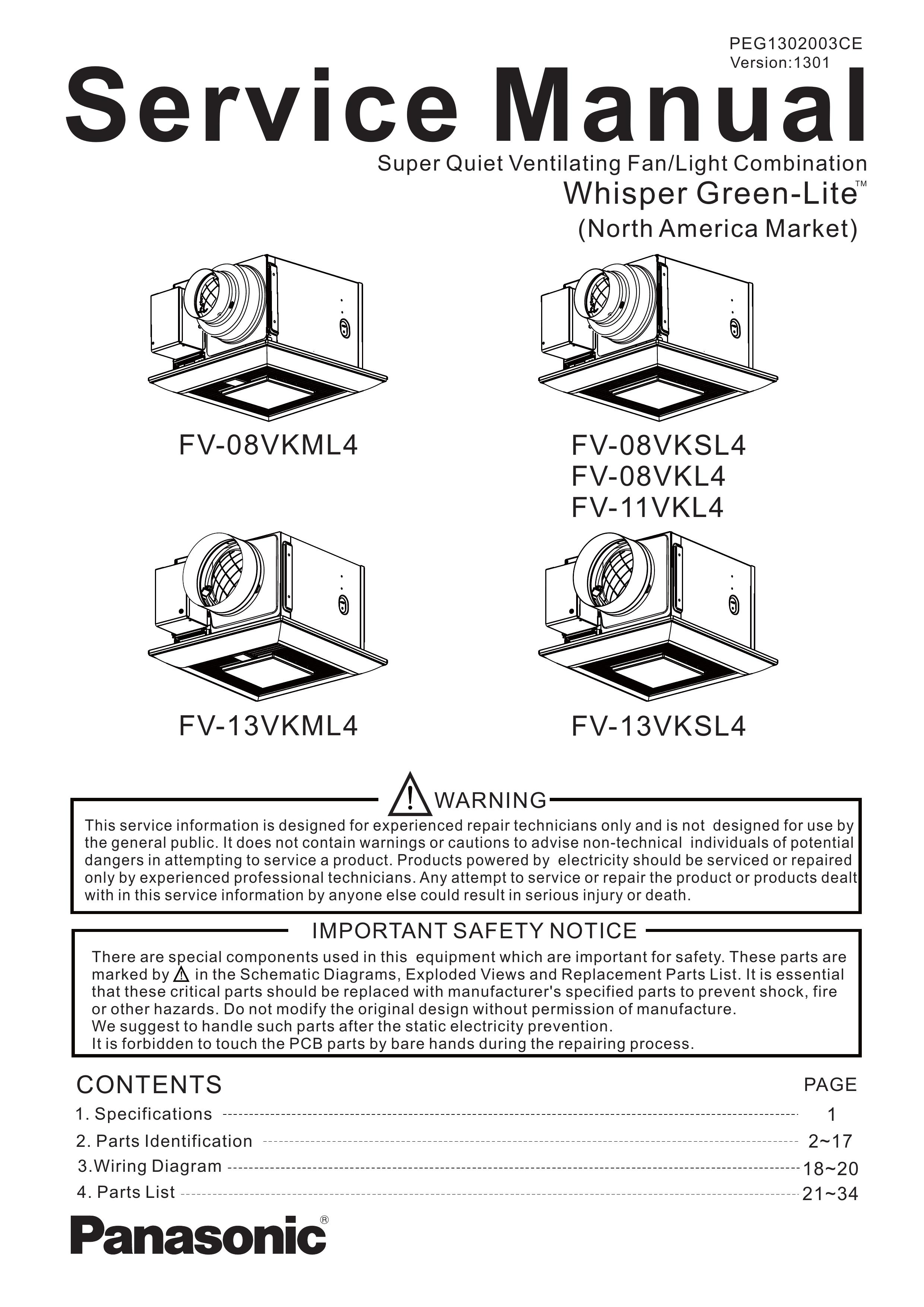 Panasonic FV-08VKL4 Ventilation Hood User Manual