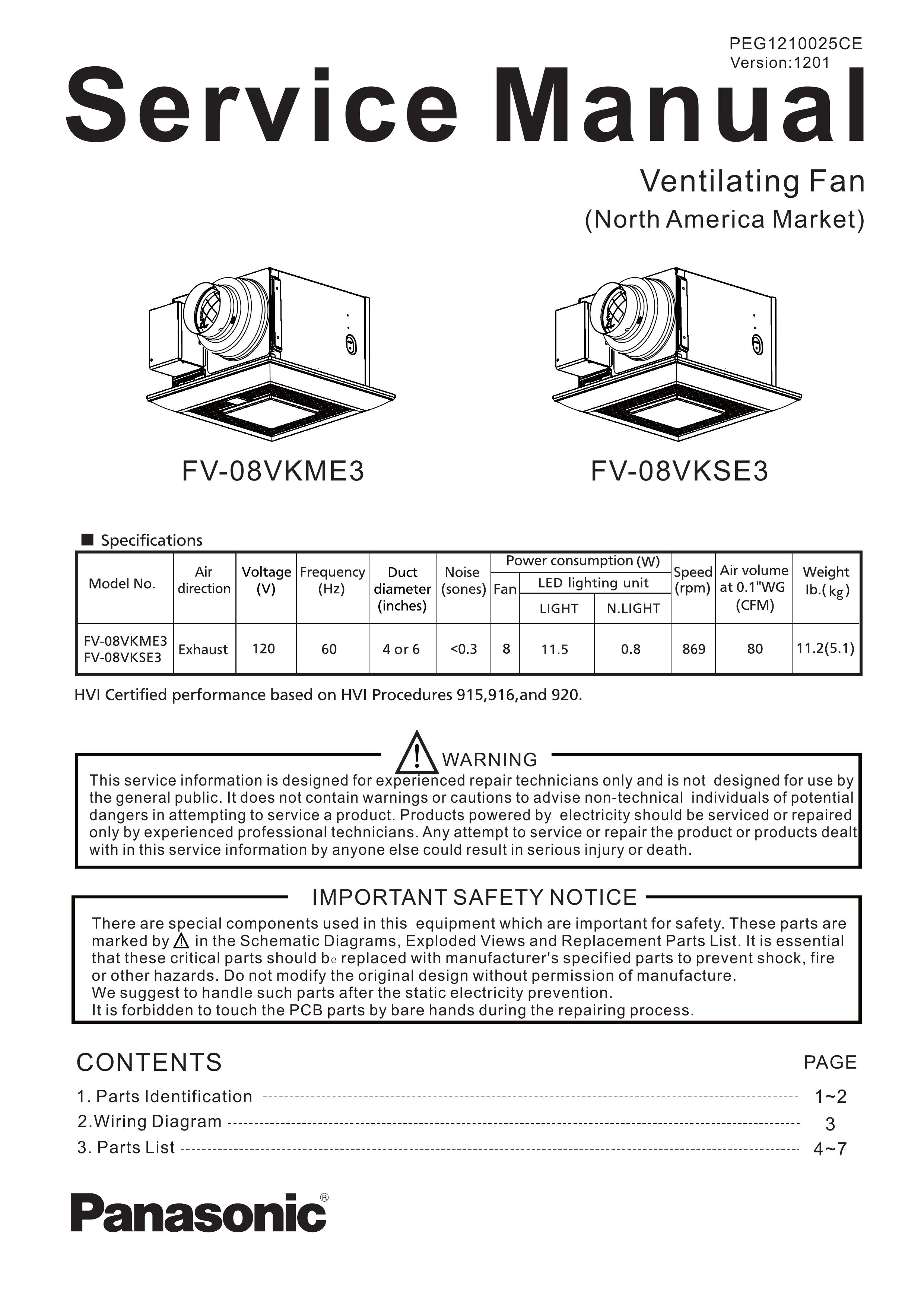 Panasonic FV-08VKME3 Ventilation Hood User Manual