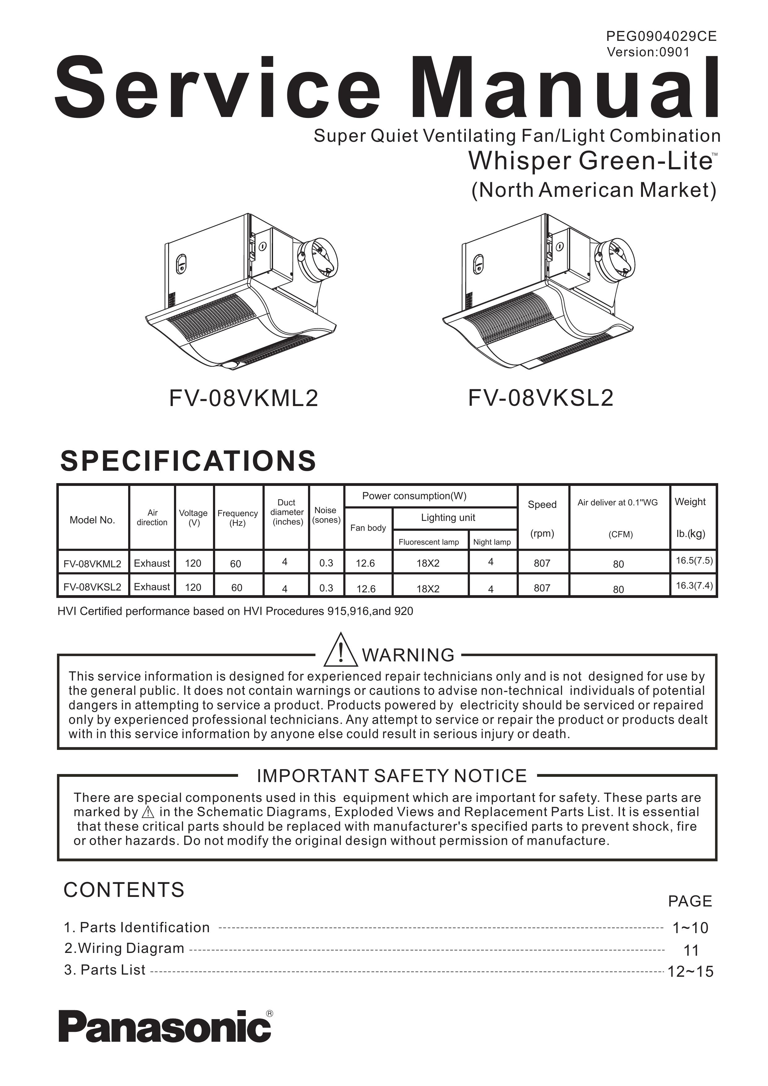 Panasonic FV-08VKML2 Ventilation Hood User Manual