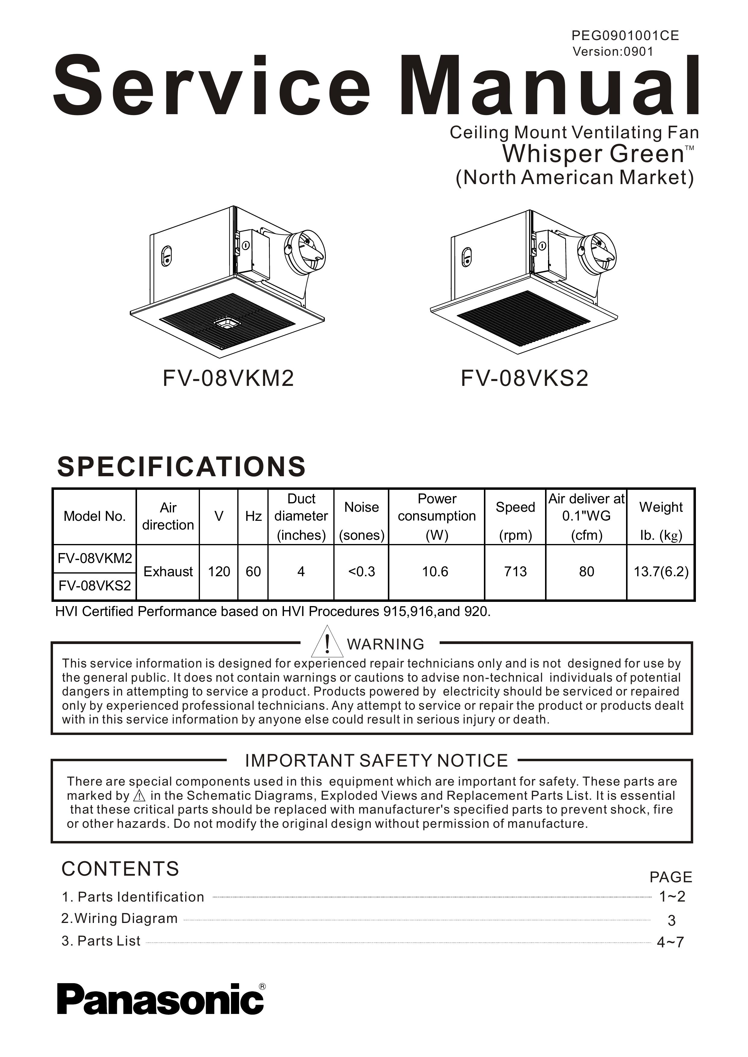 Panasonic FV-08VKS2 Ventilation Hood User Manual