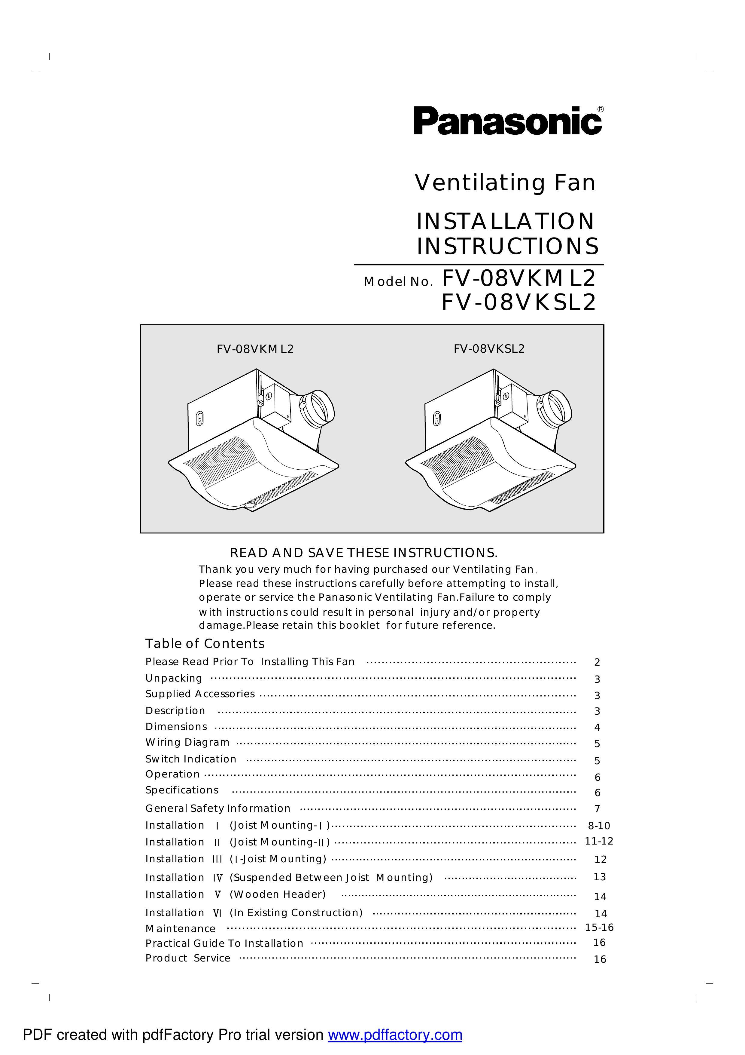 Panasonic FV-08VKSL2 Ventilation Hood User Manual
