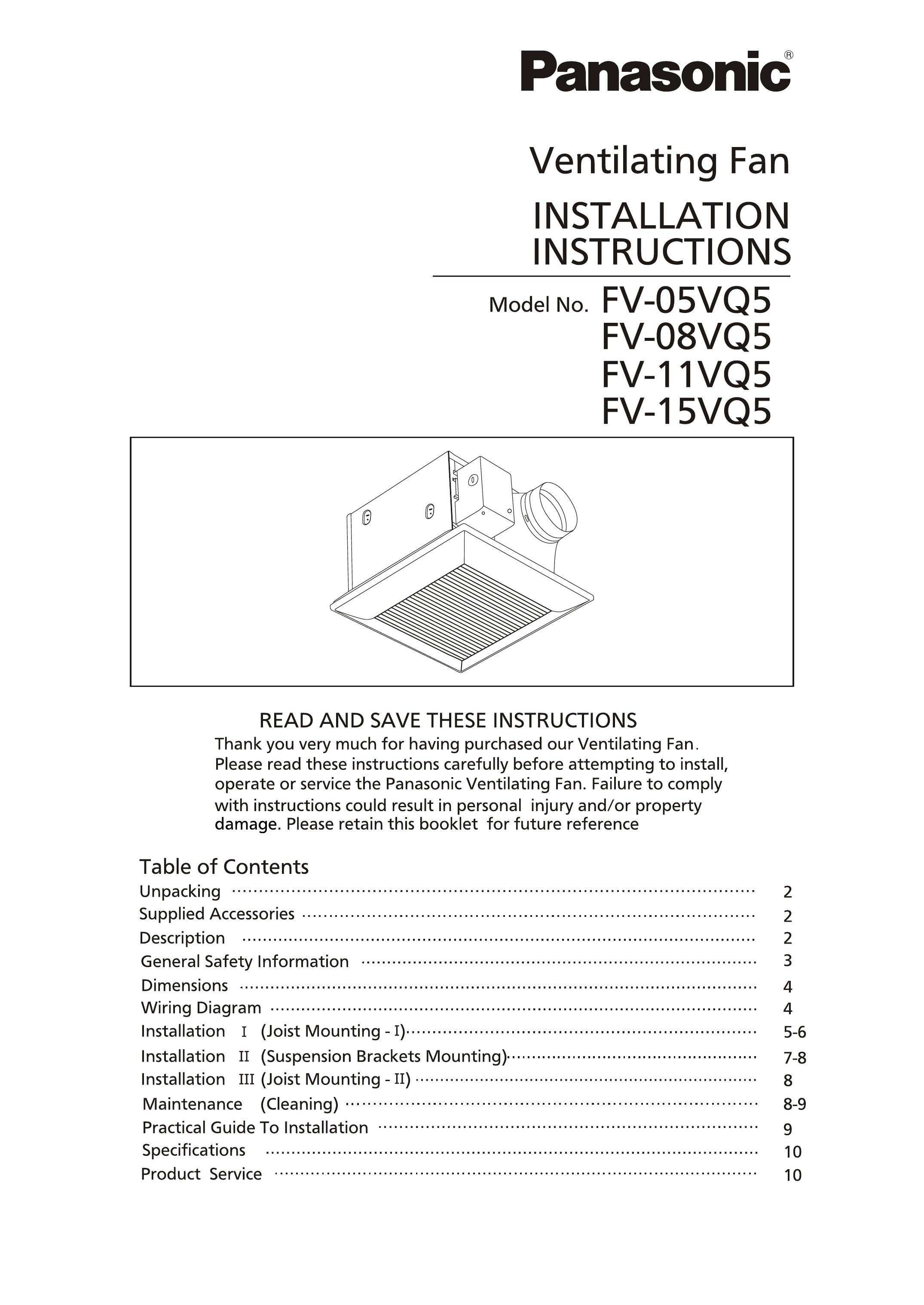 Panasonic FV-08VQ5 Ventilation Hood User Manual