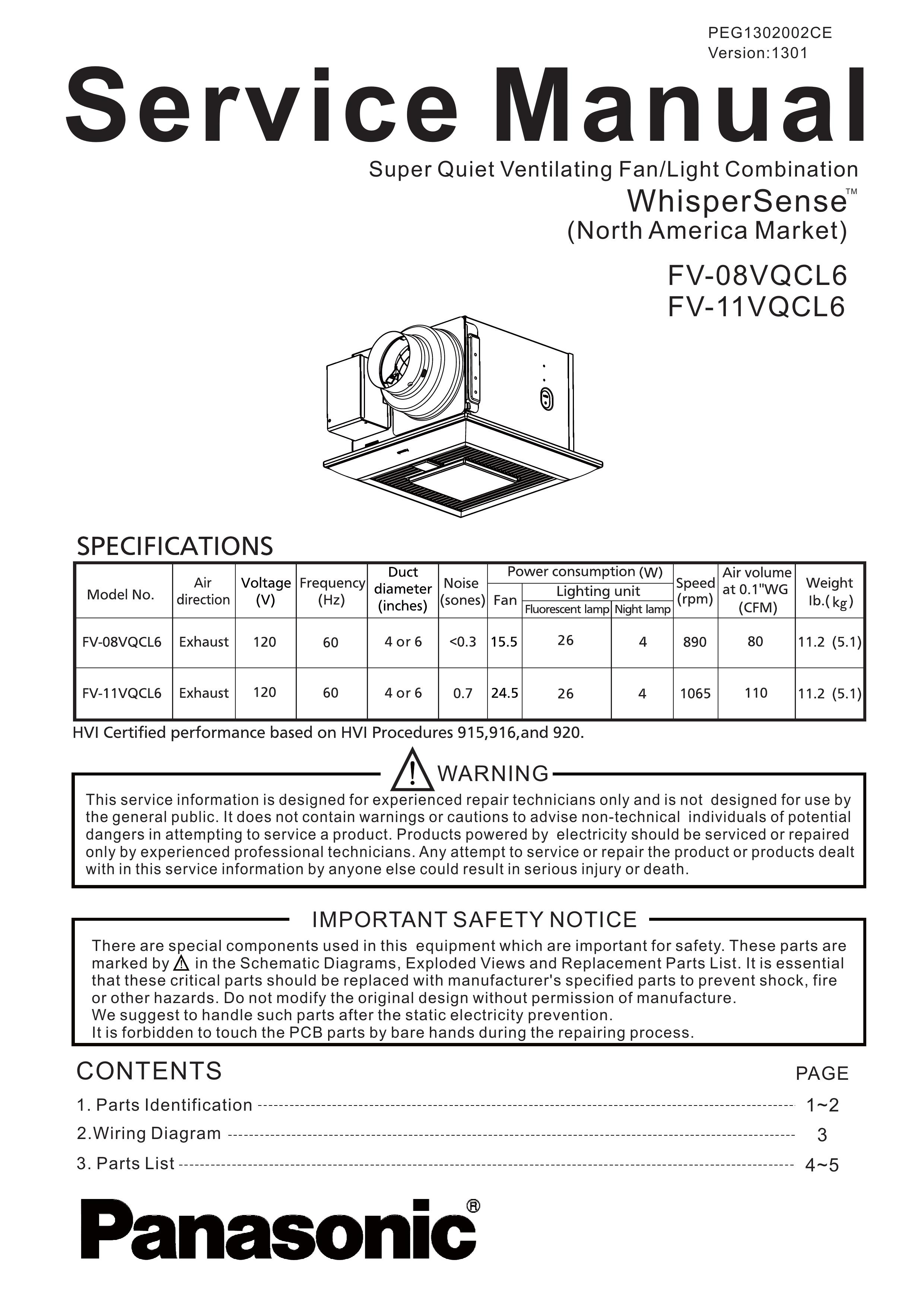 Panasonic FV-08VQCL6 Ventilation Hood User Manual